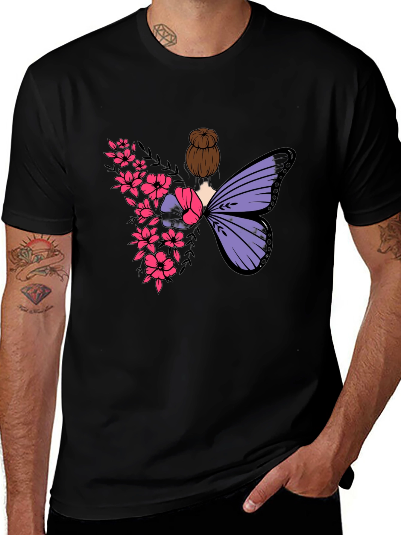 Variant 12 of Butterfly Floral Graphic Tee - Men's Black T-Shirt