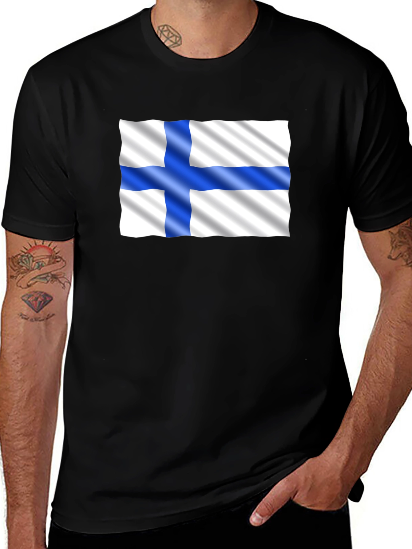 Variant 3 of Finland Flag Graphic Tee - Black Cotton T-Shirt