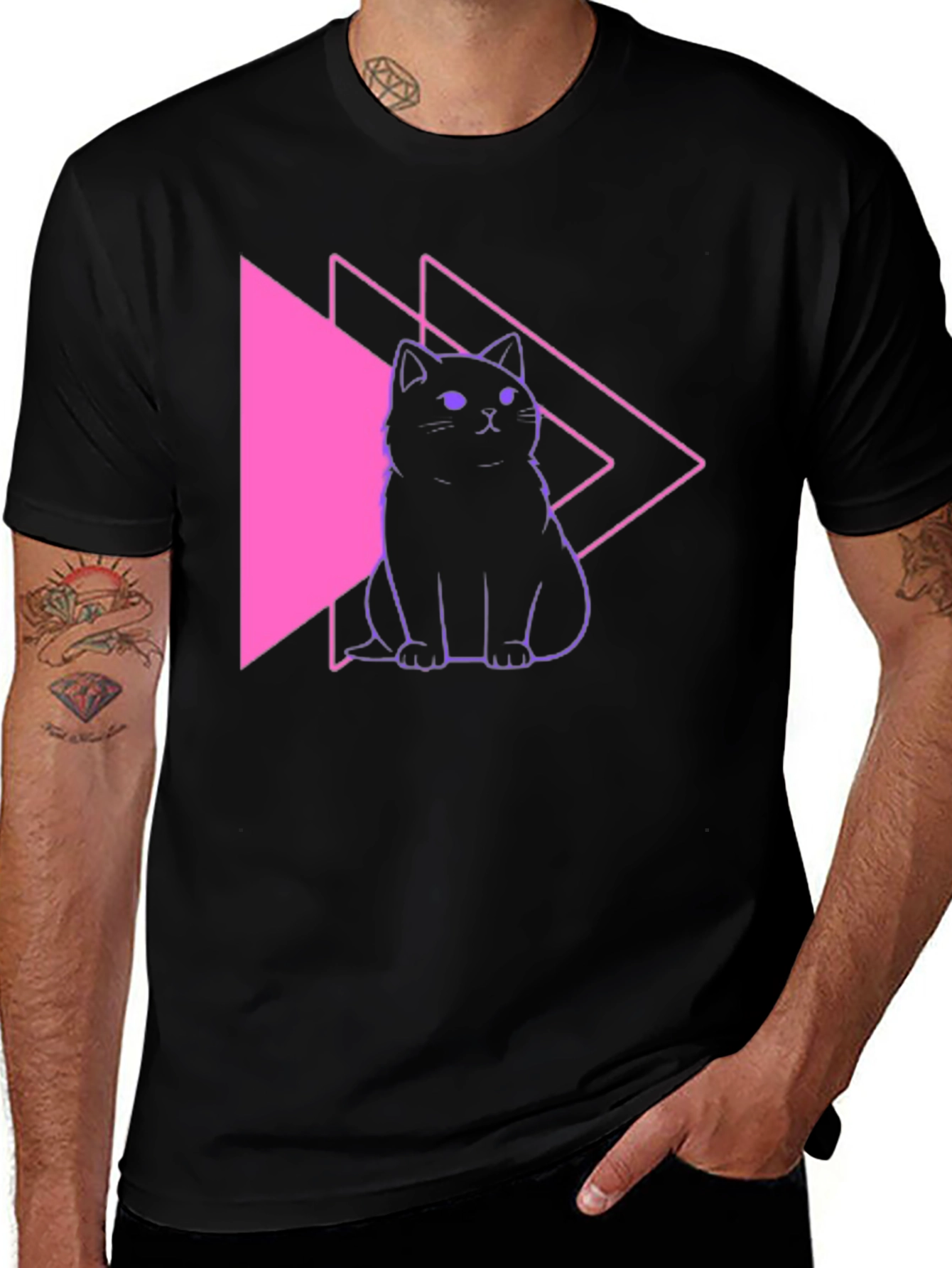 Neon Cat Graphic Black T-Shirt