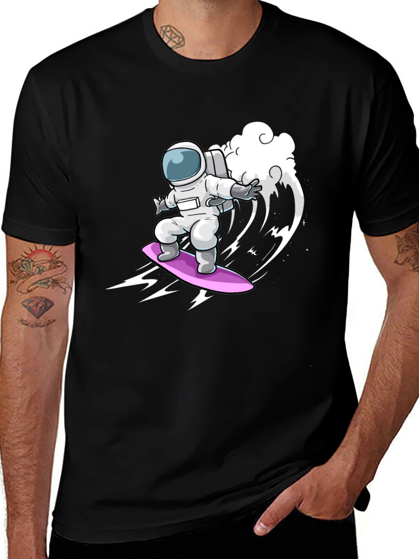 Variant 8 of Surfing Astronaut Graphic T-Shirt - Black Cotton