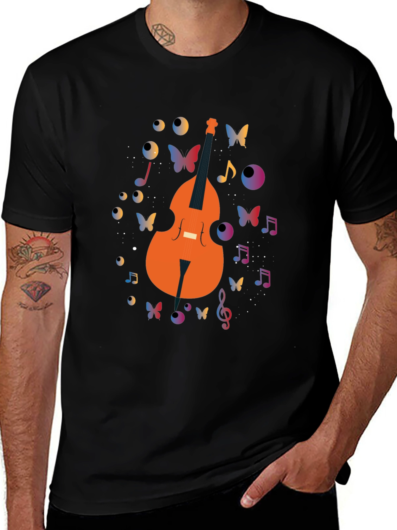 Musical Bass Guitar Butterfly Print Black T-Shirt
