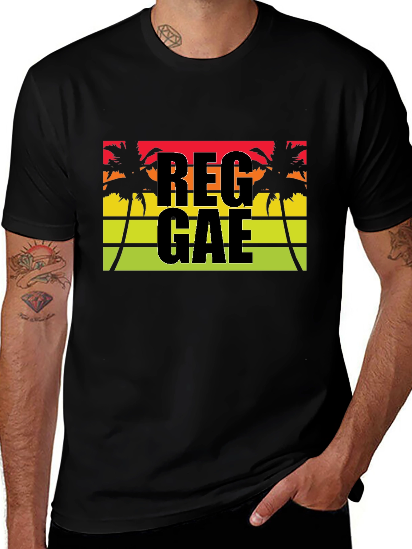 Reggae Palm Tee - Black Cotton Blend Casual T-Shirt