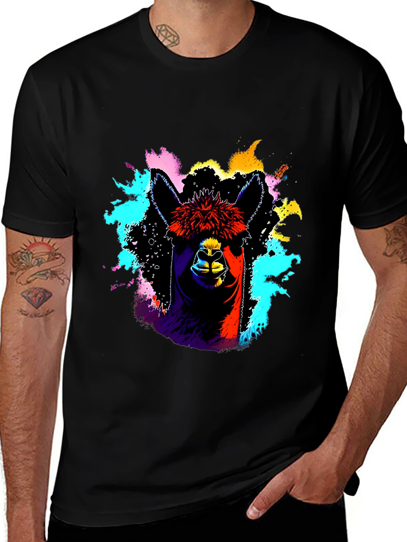 Variant 30 of Vibrant Alpaca Graphic Tee - Black Cotton T-Shirt