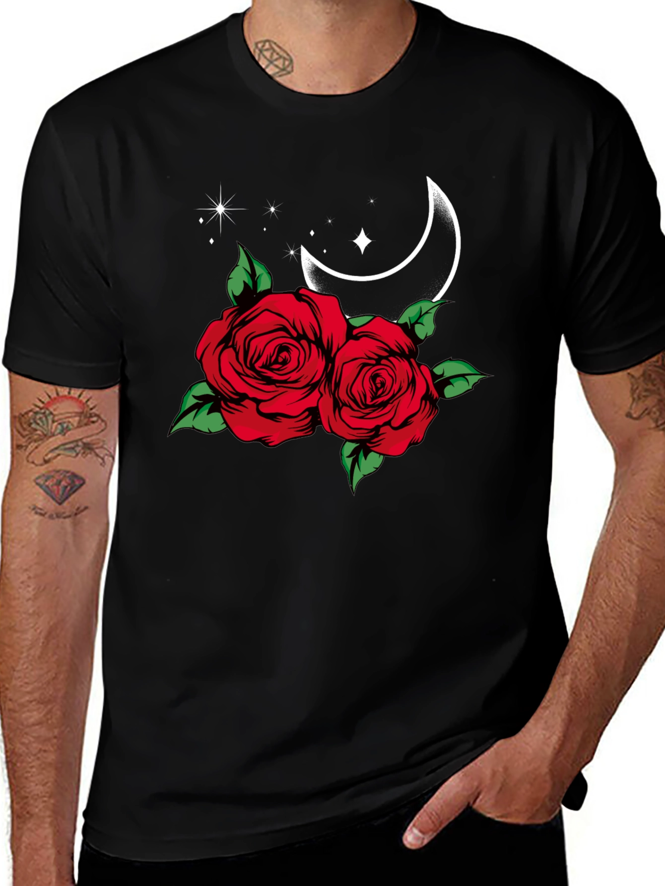 Roses & Moon Graphic Tee - Stylish Black T-Shirt