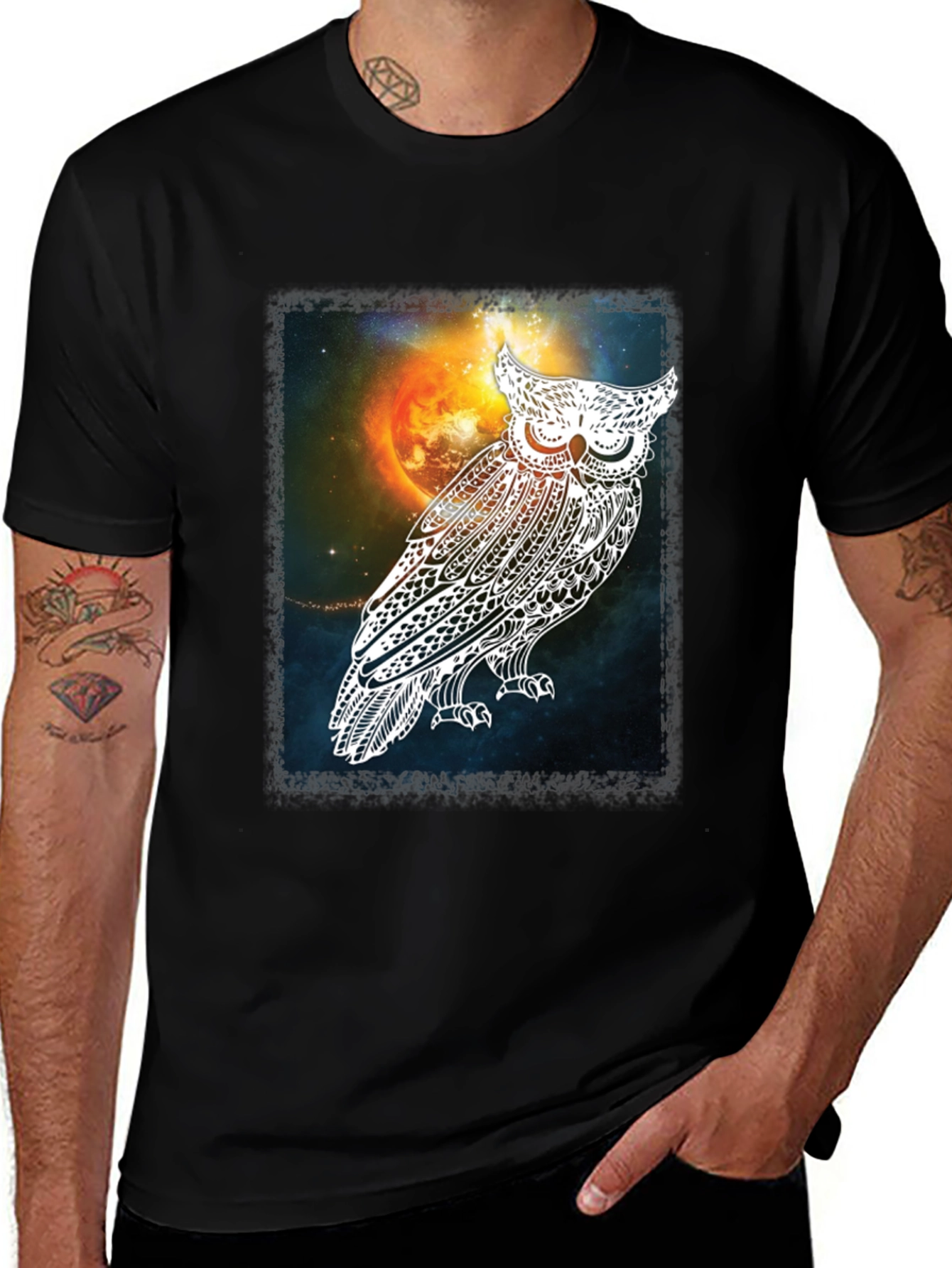 Variant 20 of Cosmic Owl Graphic Tee - Men's Black T-Shirt
