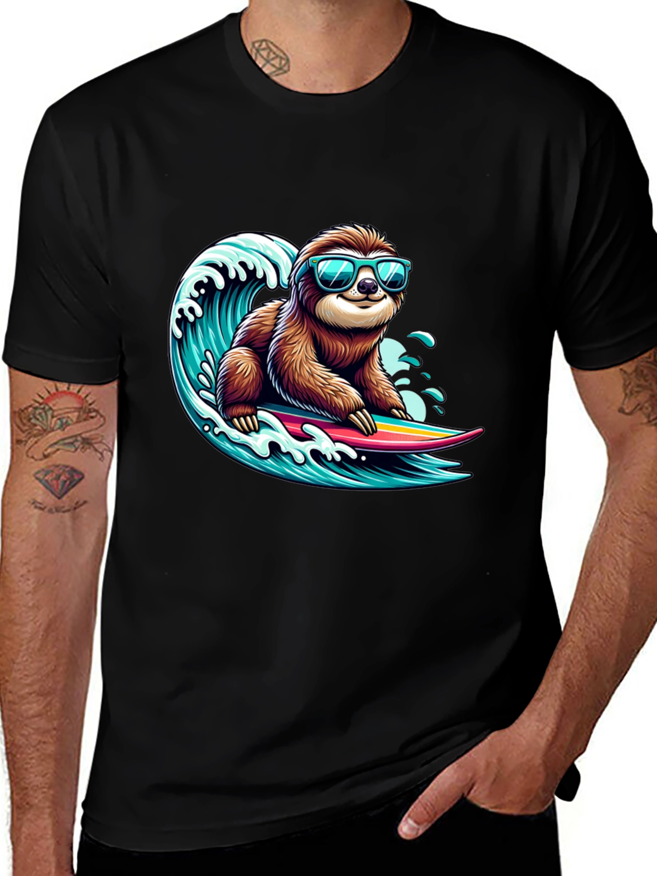 Variant 17 of Surfing Sloth Graphic Tee - Cool Black T-Shirt
