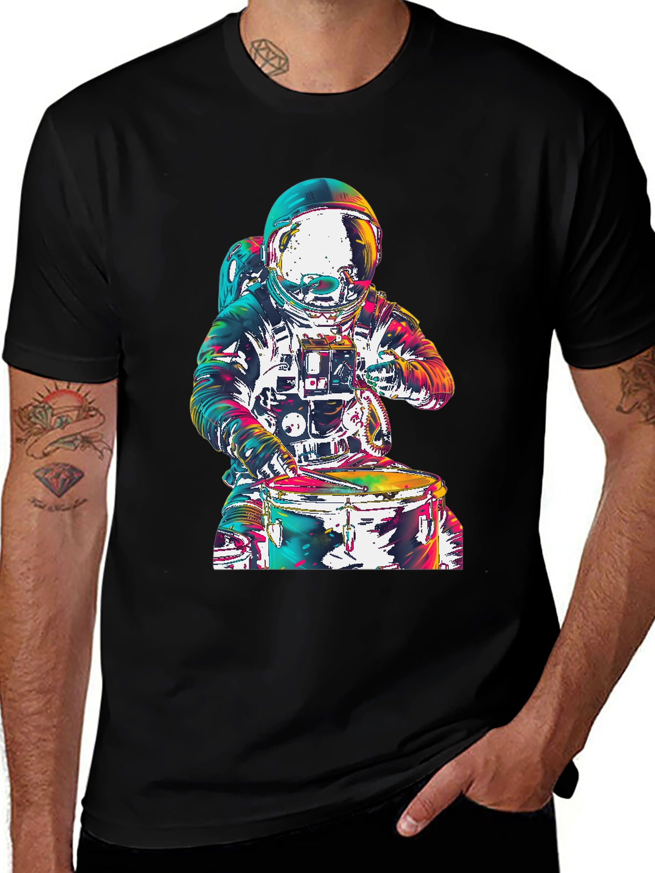 Variant 16 of Astronaut Drummer Graphic T-Shirt - Black Cotton Tee