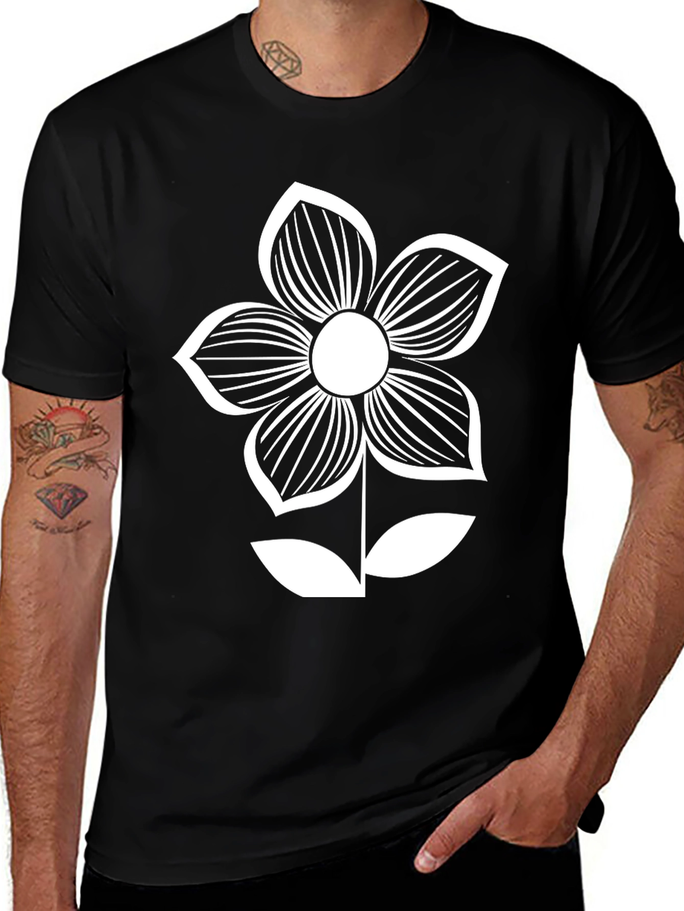 Variant 16 of Black T-Shirt with White Flower Graphic