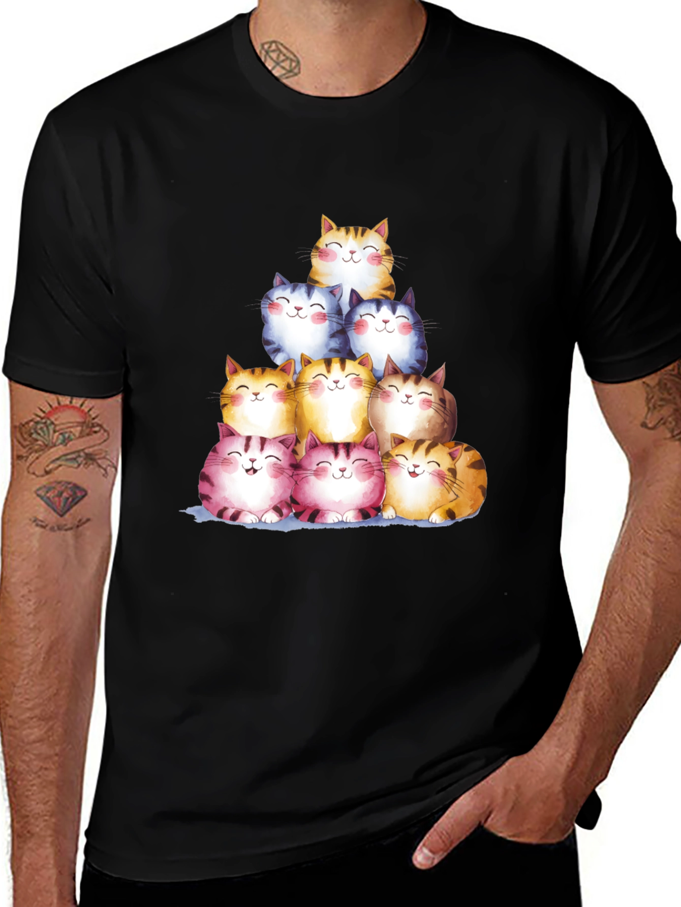 Variant 17 of Stacked Smiling Cats Graphic Tee - Black