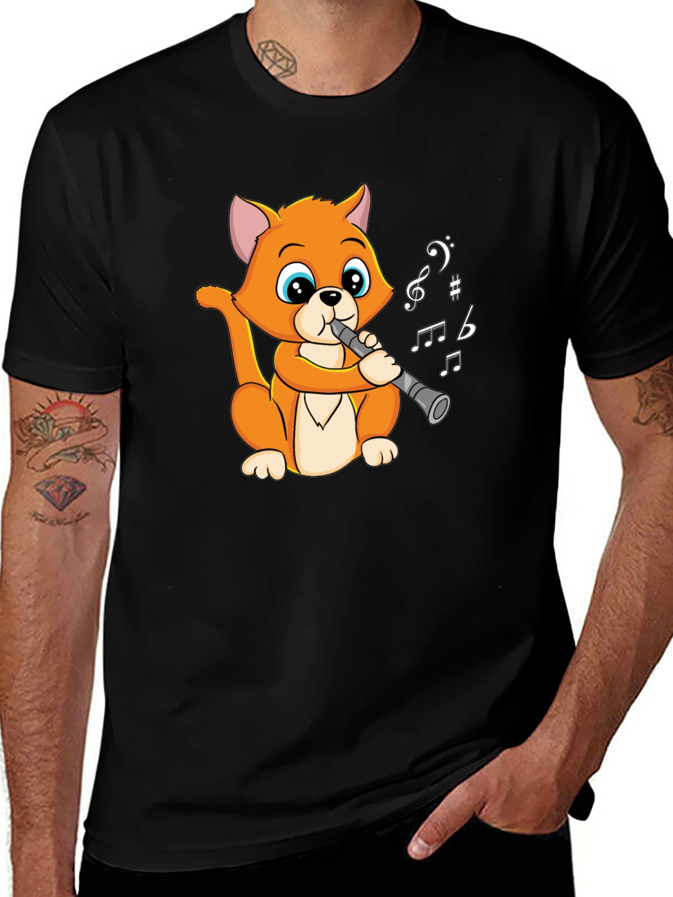 Variant 8 of Cat Playing Flute Black T-Shirt