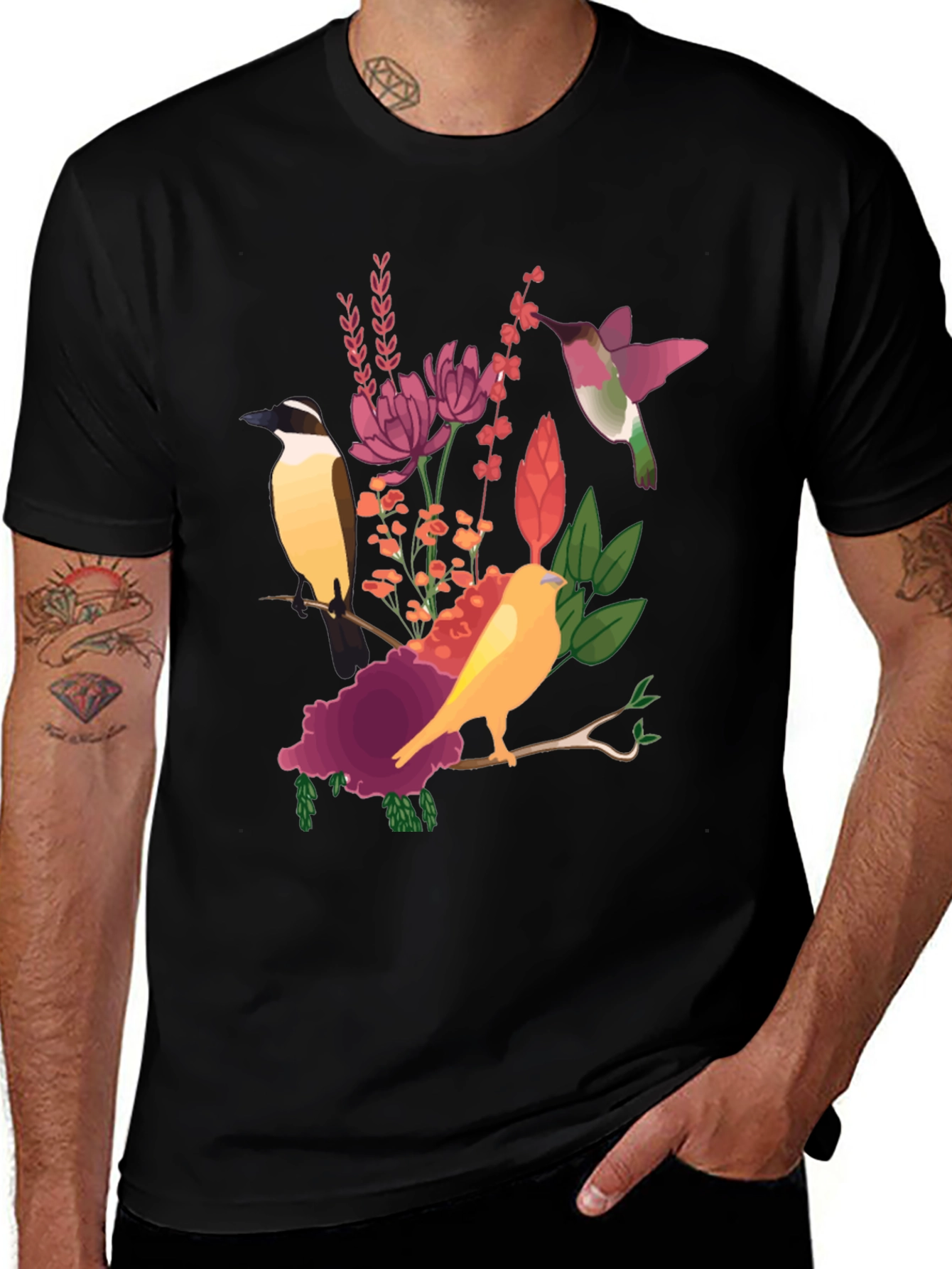 Variant 6 of Botanical Bird Print Black T-Shirt