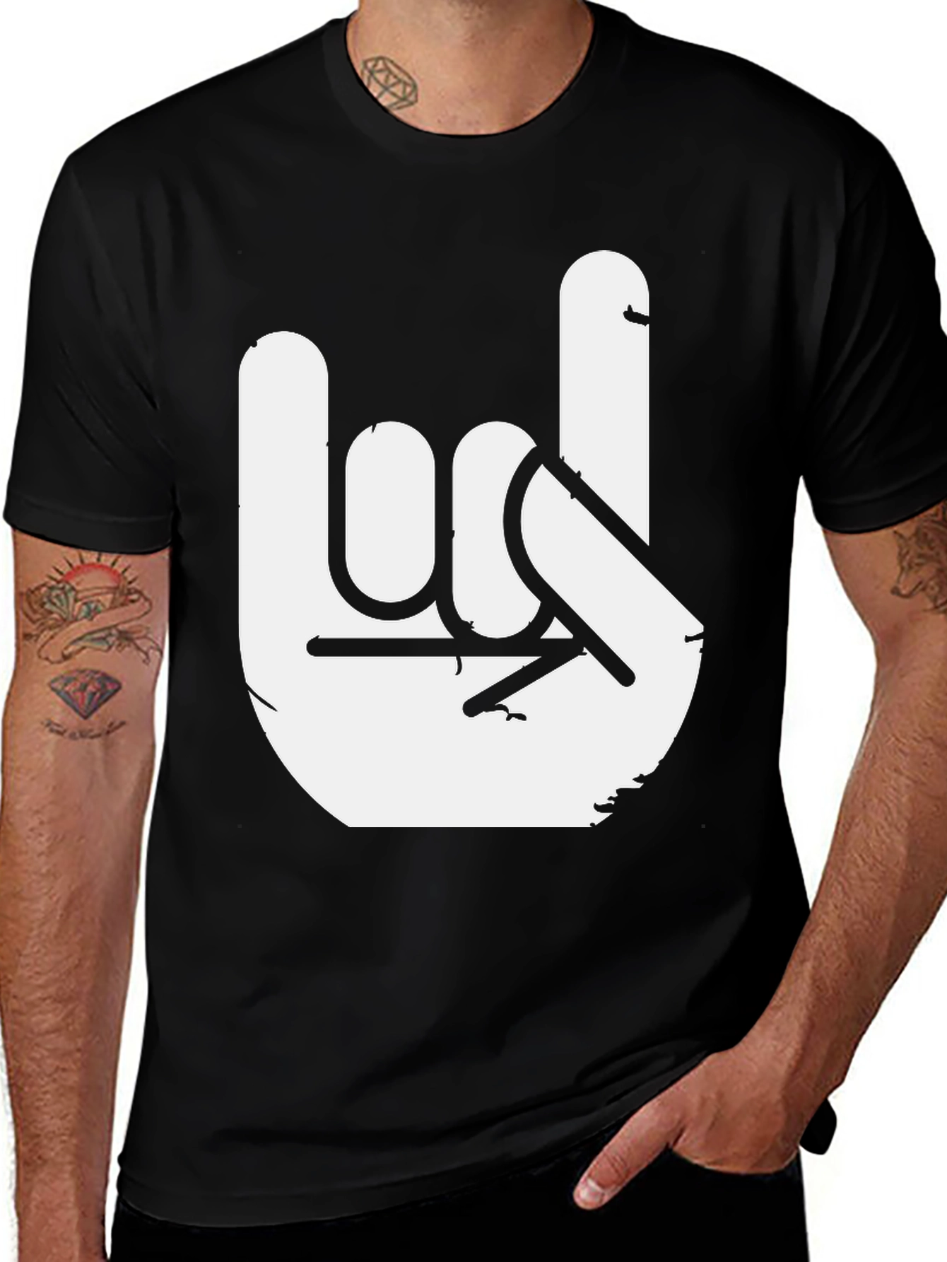 Variant 11 of Rock On Black T-Shirt - Hand Gesture Graphic