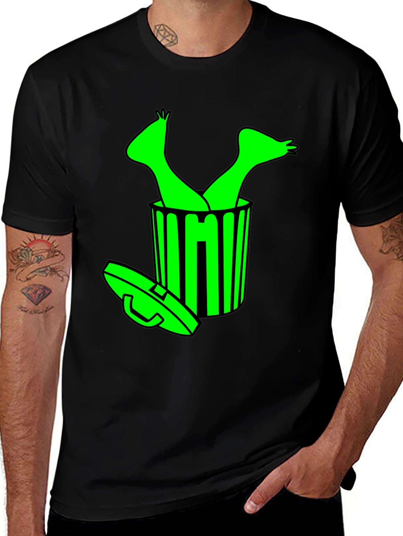 Variant 24 of Humorous Black T-Shirt with Alien in Trash Graphic