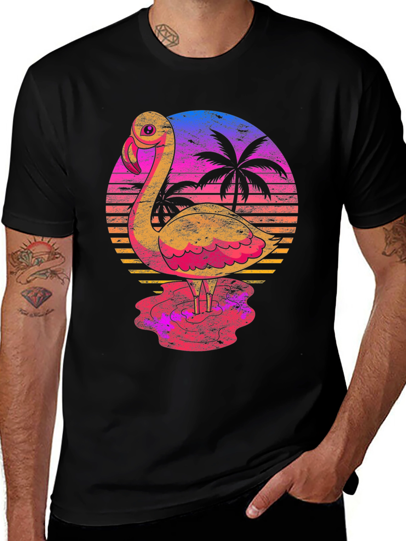 Variant 25 of Retro Flamingo Sunset T-Shirt - Tropical Palm Tree Design