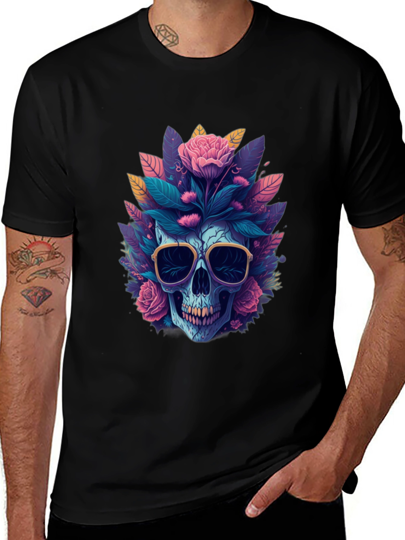 Variant 17 of Floral Skull Graphic Tee - Men's Black T-Shirt