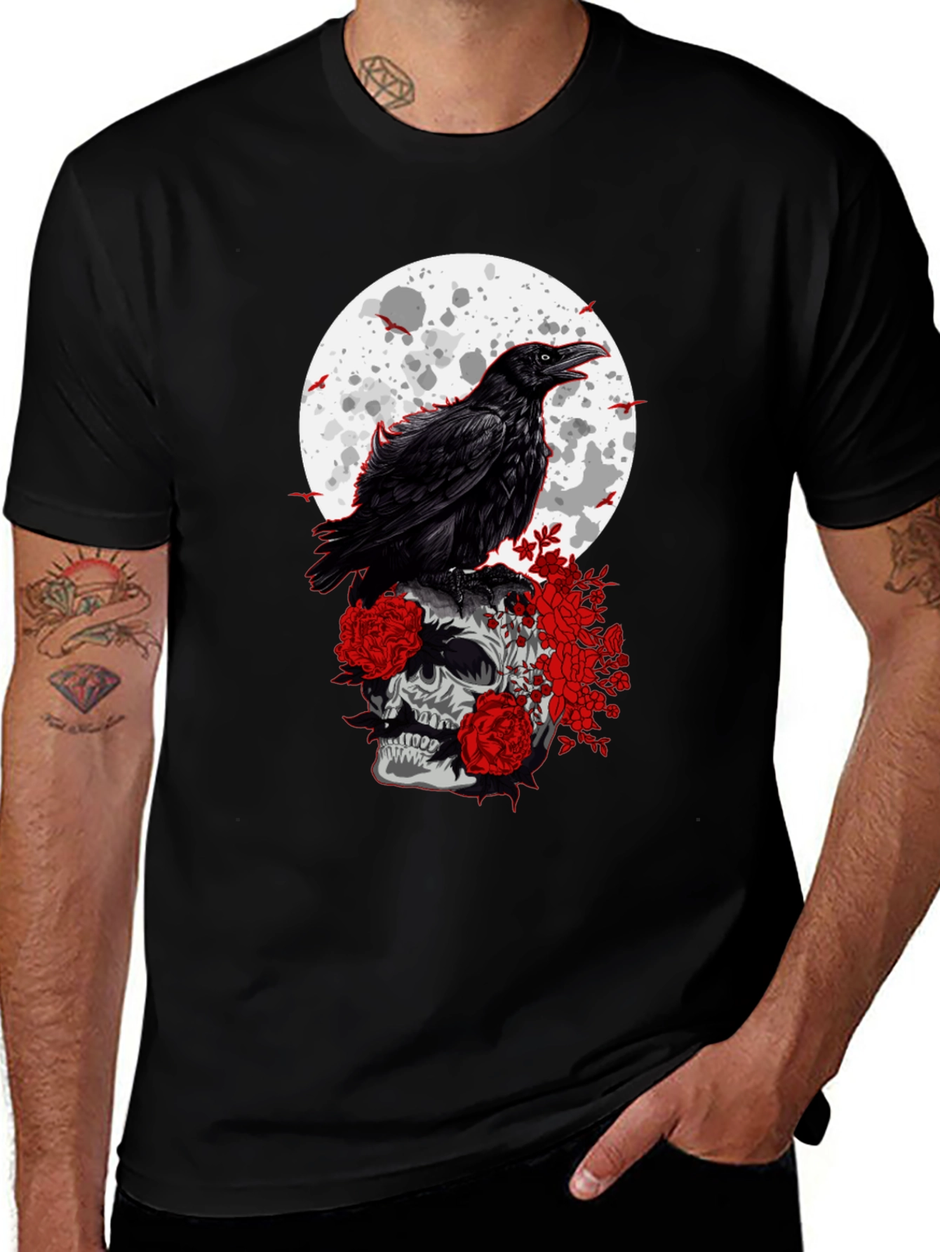 Variant 2 of Raven Skull Moon Graphic Tee - Gothic Style