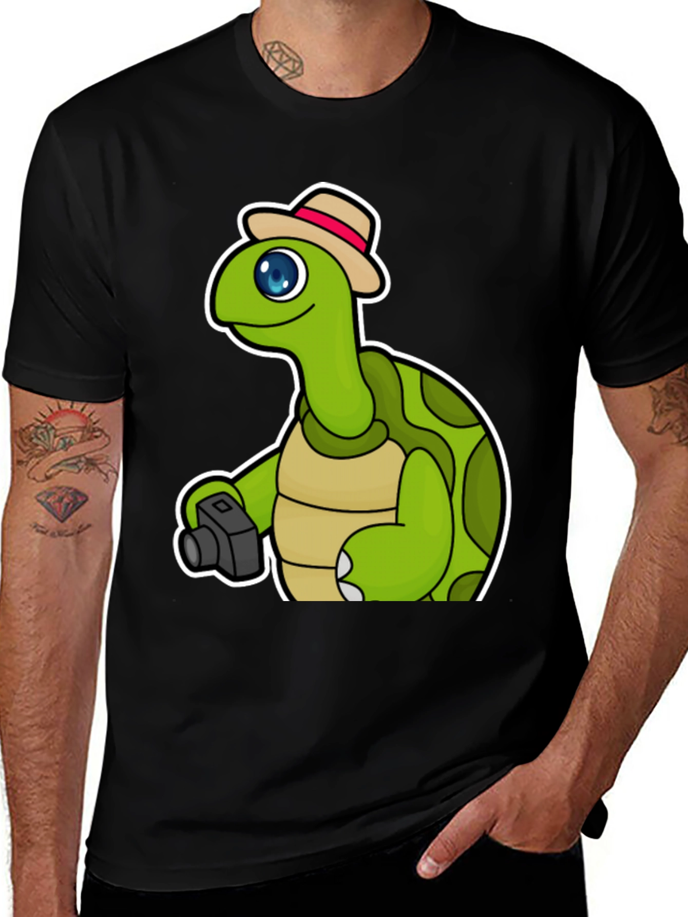 Variant 11 of Cartoon Turtle Photographer Graphic Tee - Black Cotton Blend