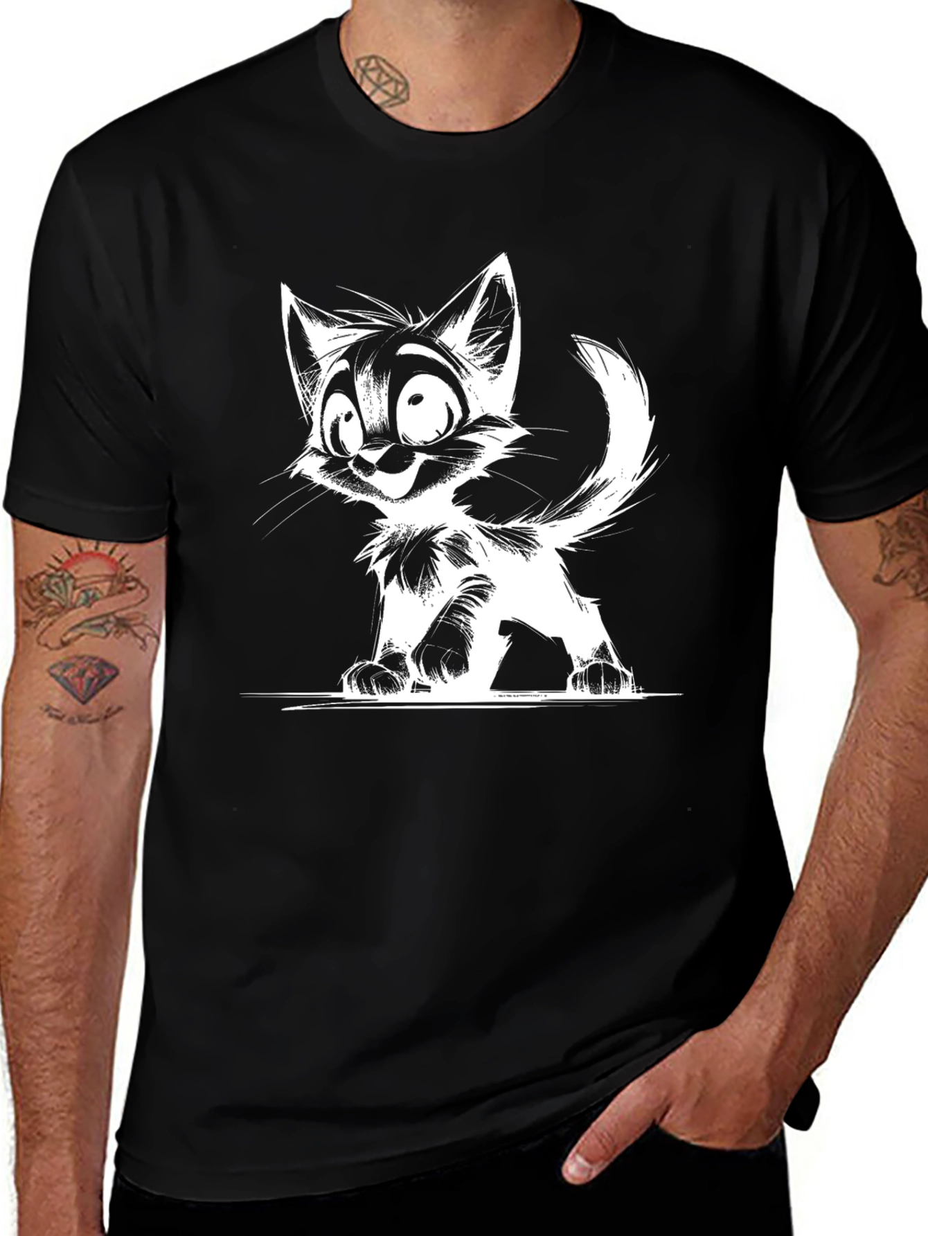 Black Cartoon Cat Graphic T-Shirt - Black main image