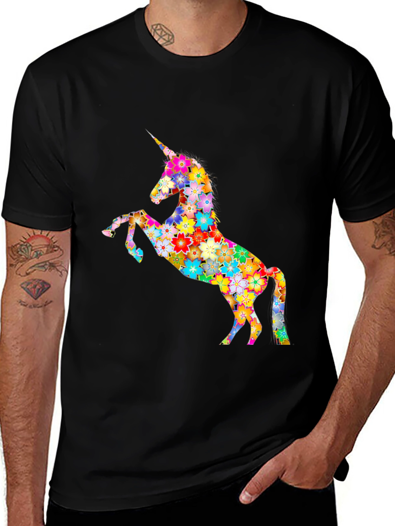 Floral Unicorn Graphic Tee - Black Casual T-Shirt
