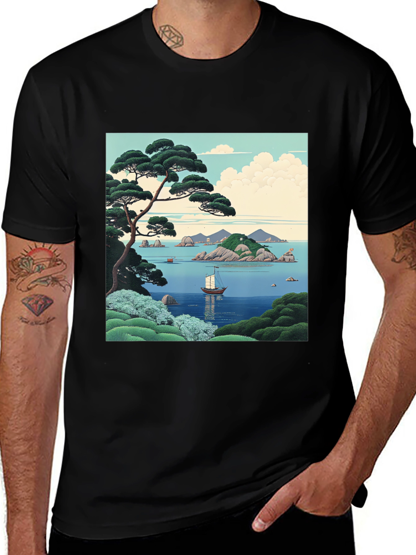 Variant 29 of Scenic Landscape T-Shirt: Sailboat and Island View