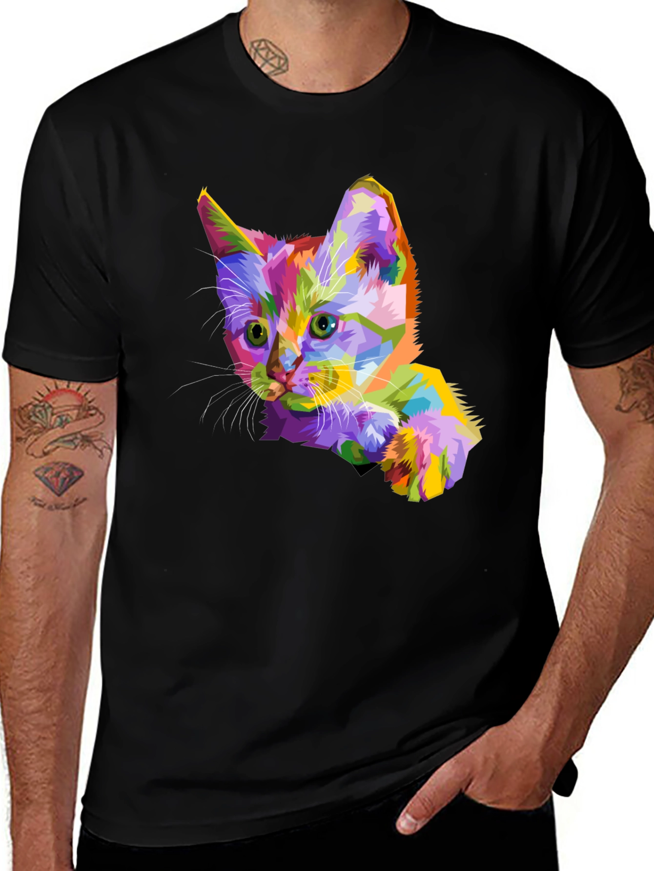 Variant 10 of Colorful Kitten Graphic Print Black T-Shirt