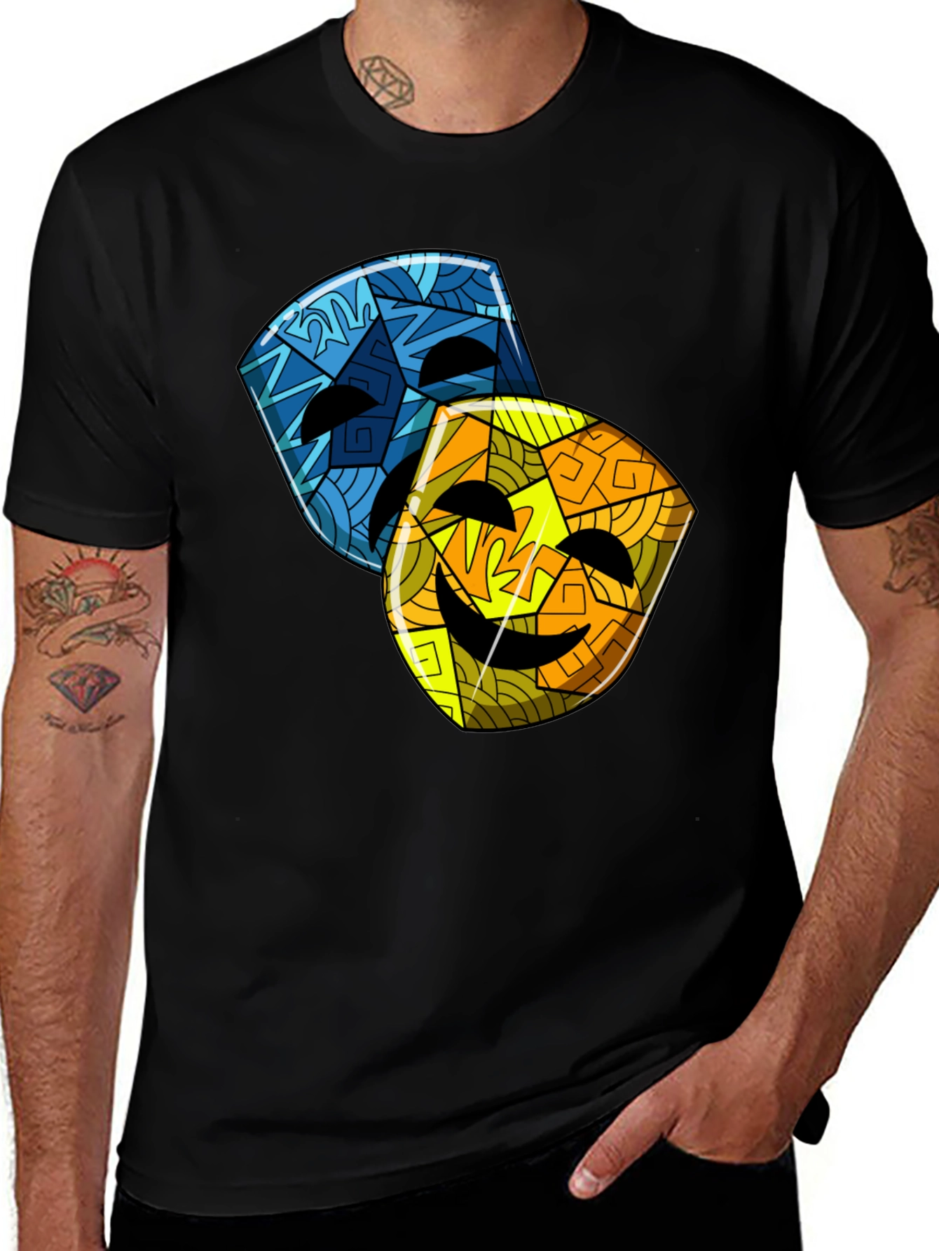 Variant 3 of Comedy & Tragedy Masks Graphic Tee - Stylish Black T-Shirt