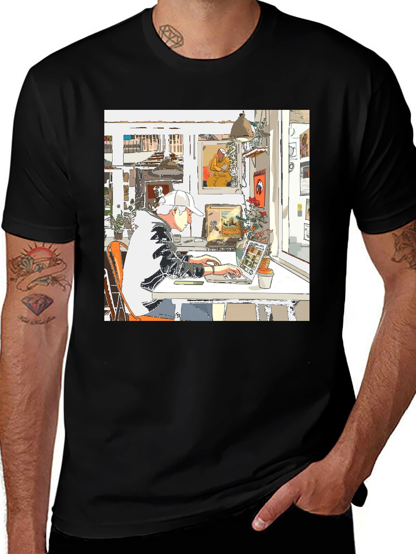 Variant 14 of Artistic Laptop Scene Graphic Tee - Black Cotton T-Shirt