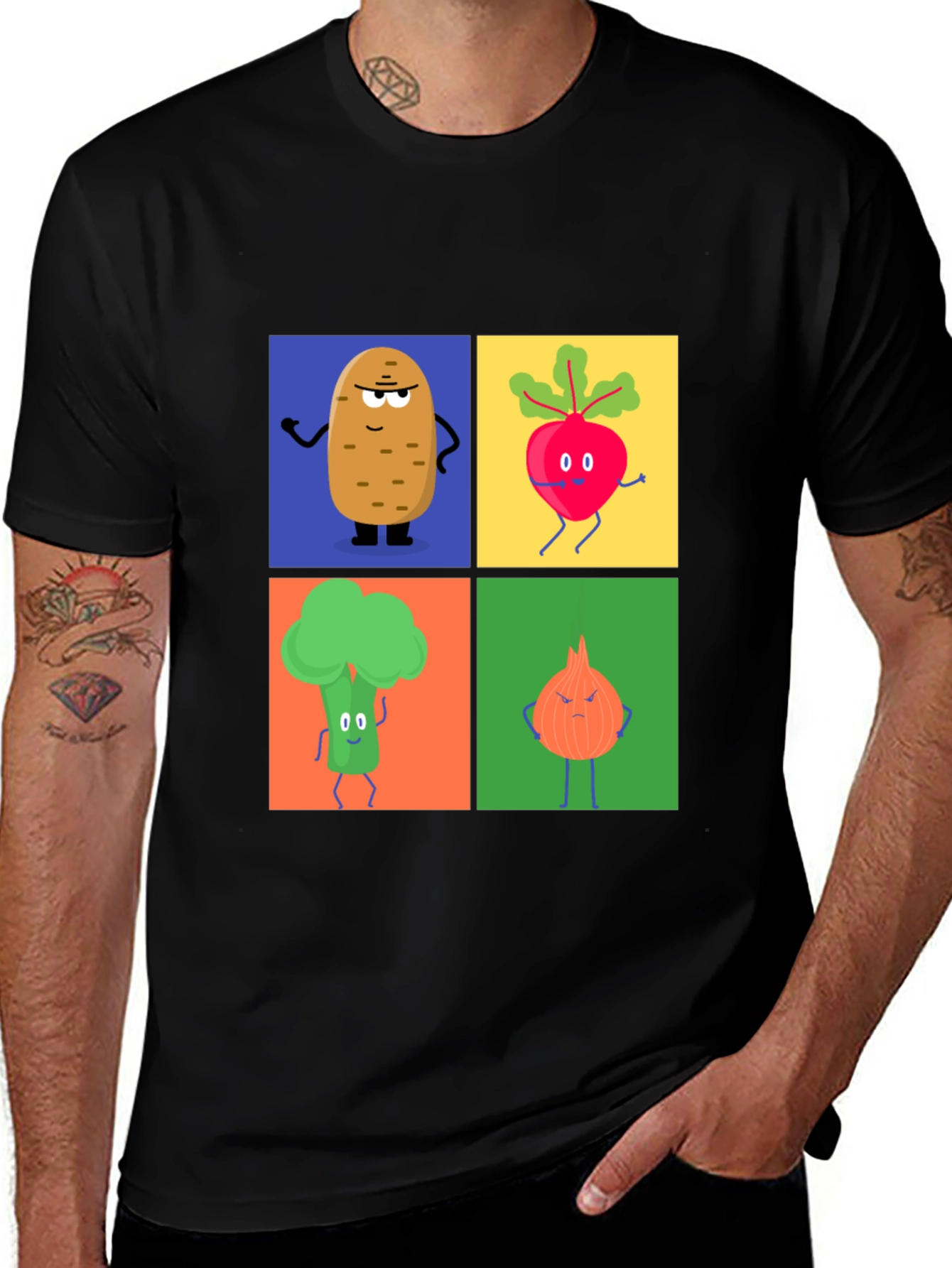 Variant 10 of Veggie Cartoon T-Shirt: Potato, Beet, Broccoli, Onion