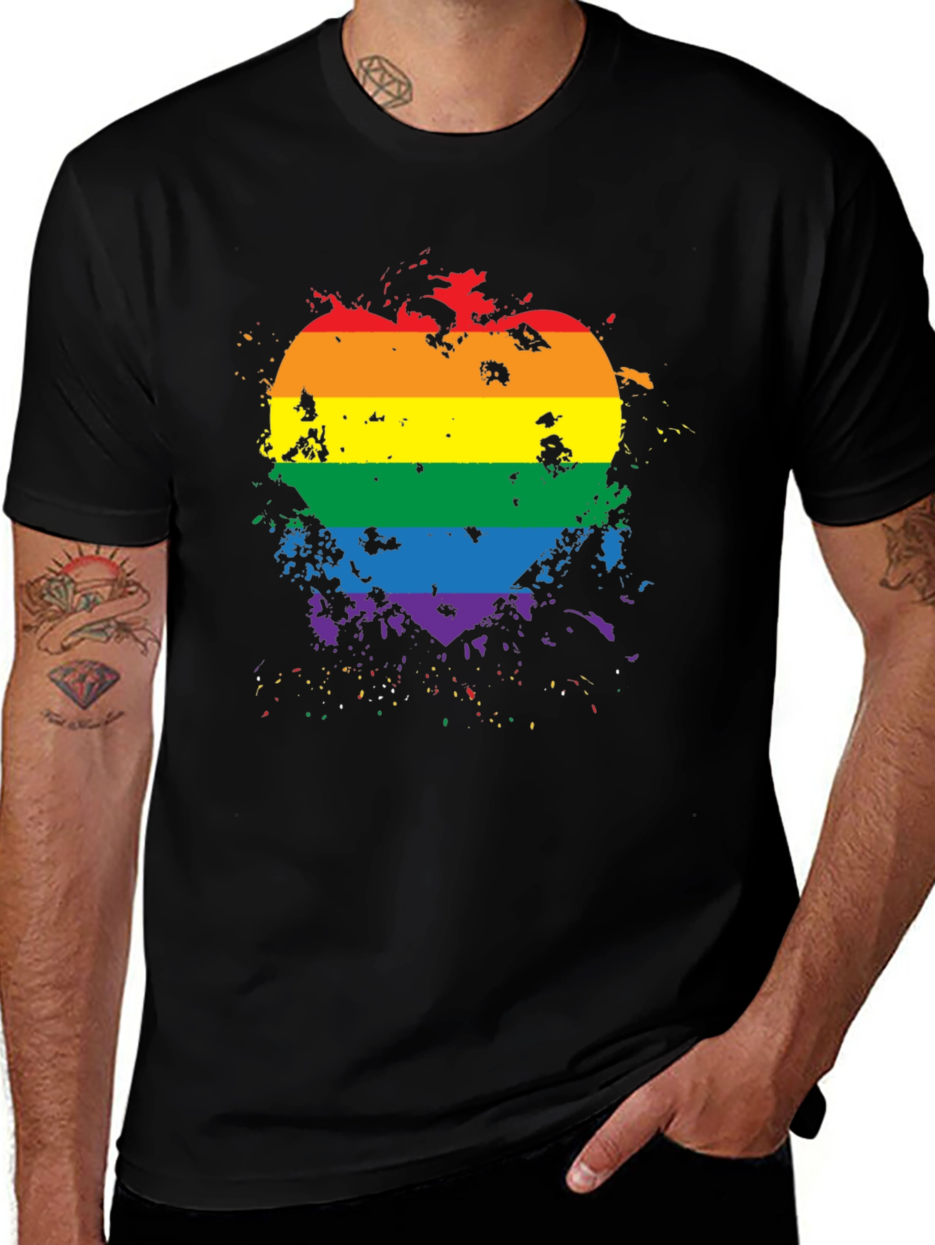 Variant 10 of Rainbow Heart Pride T-Shirt - Black Cotton Tee