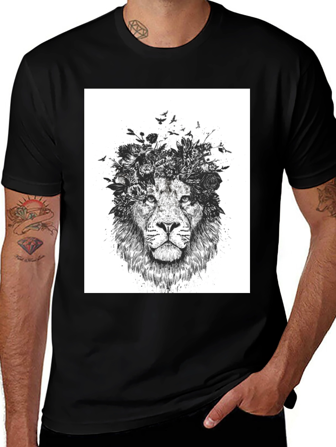 Variant 12 of Lion Floral Crown Graphic Tee - Black
