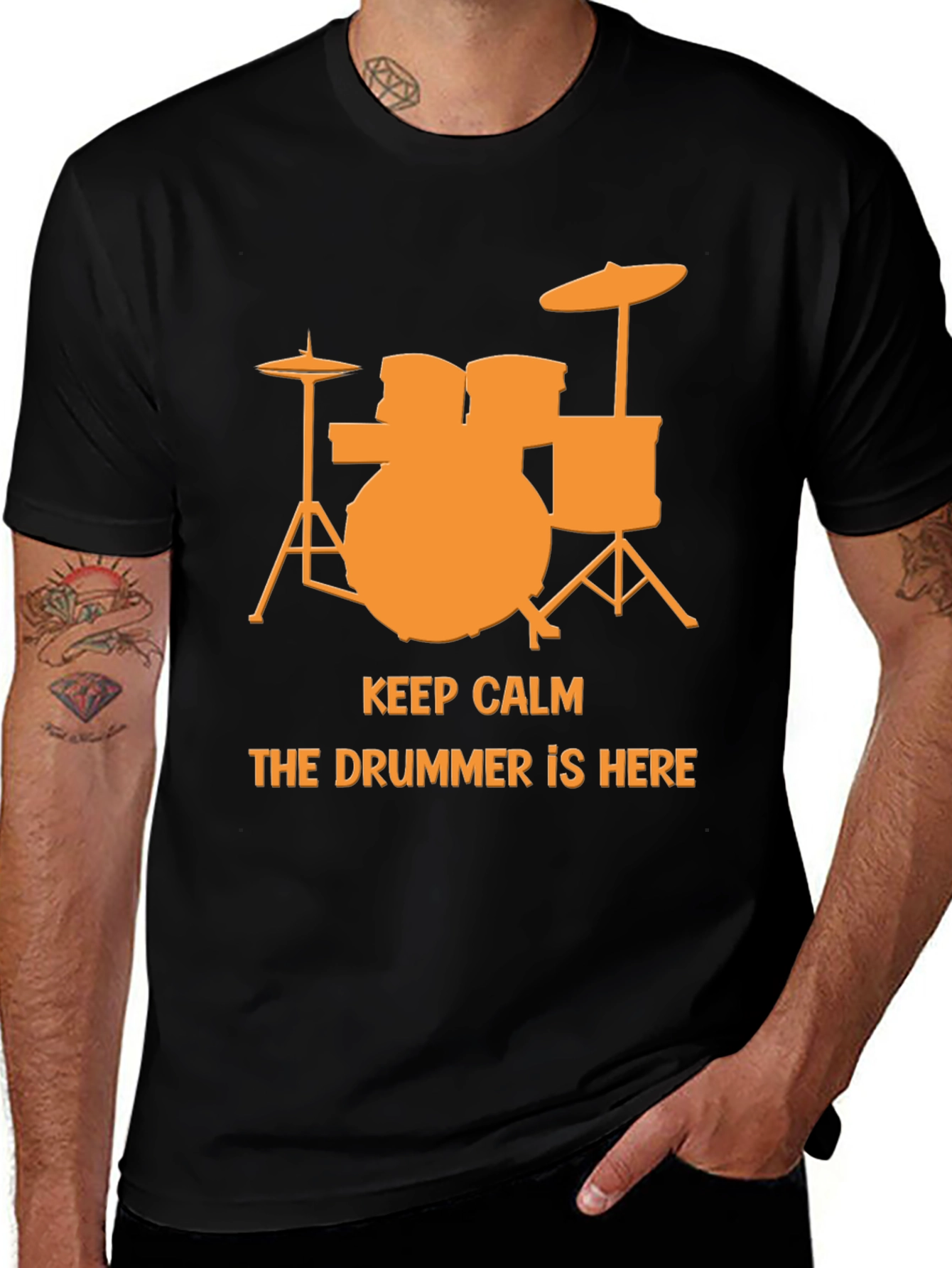 Black Keep Calm The Drummer Is Here T-Shirt main image