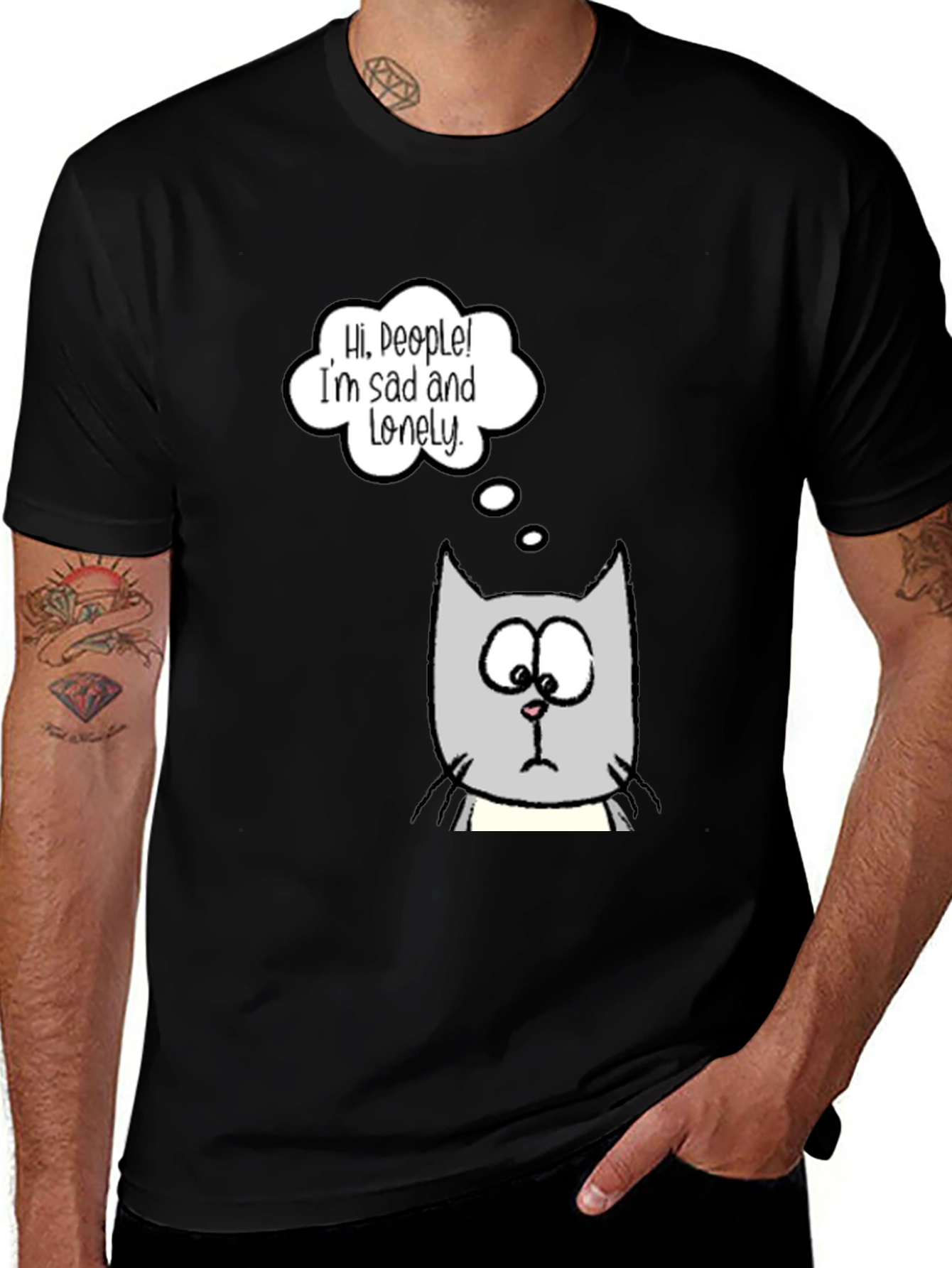 Variant 15 of Sad Cat Graphic T-Shirt - Unisex Black Tee