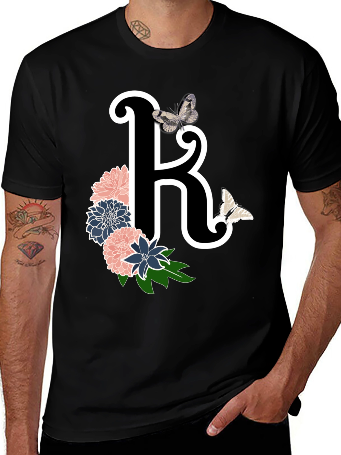 Black Floral Letter K Black T-Shirt main image