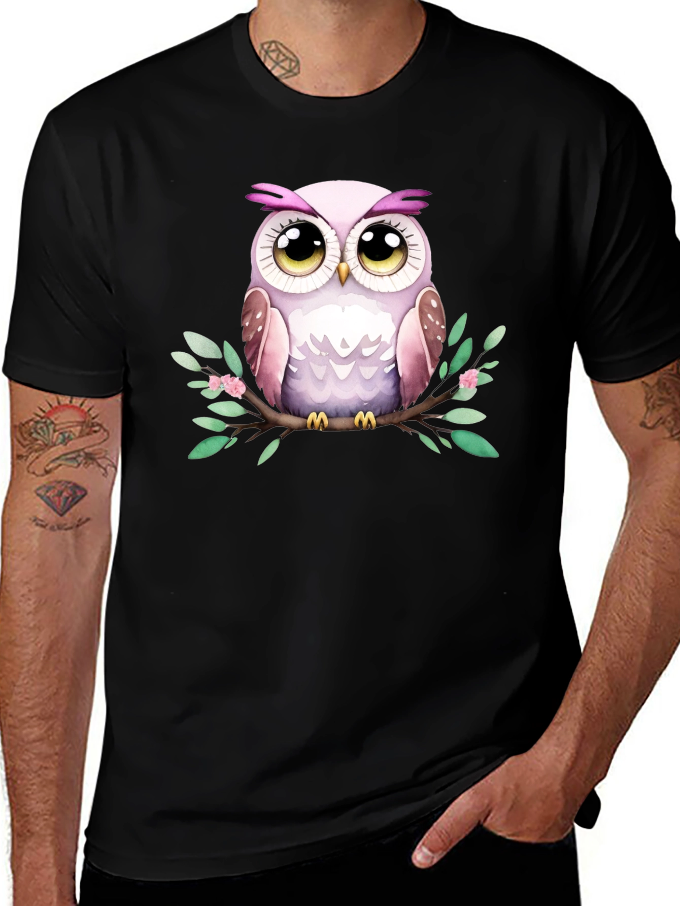 Variant 13 of Cute Owl Graphic Tee - Black Cotton Blend