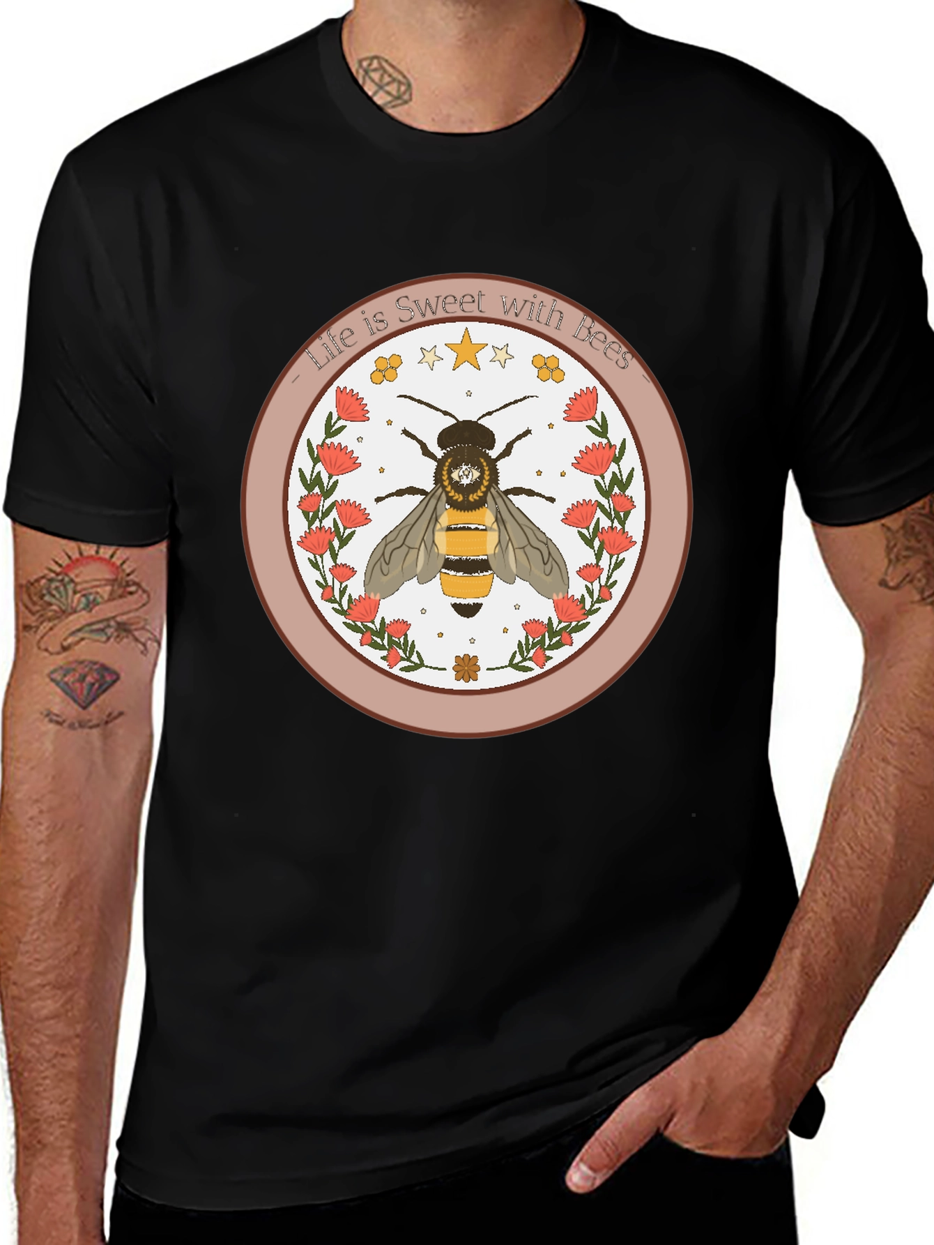 Variant 8 of Life is Sweet with Bees Graphic Tee - Black