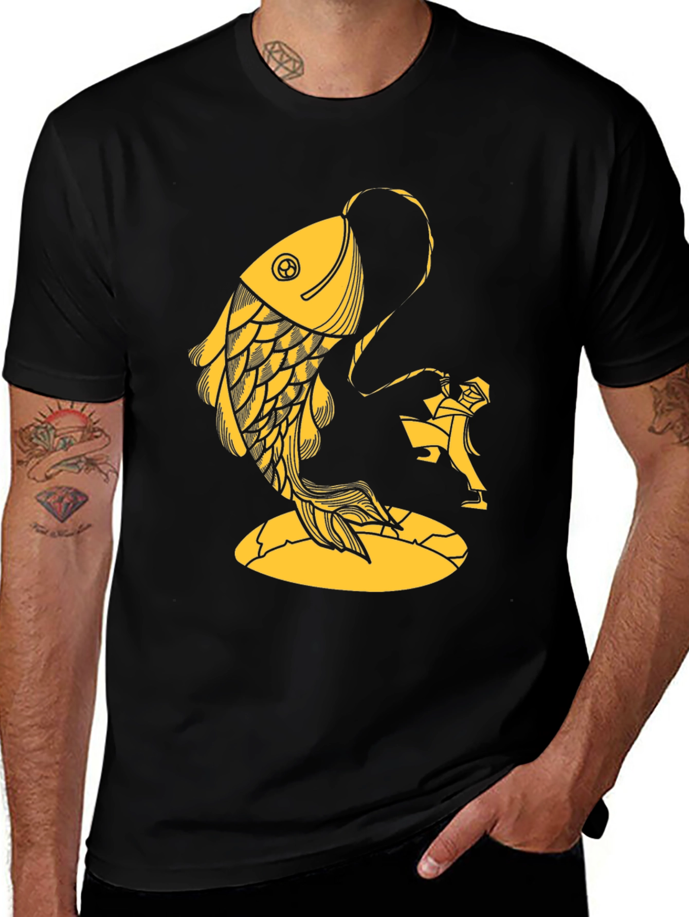 Variant 2 of Black T-Shirt with Fish & Fisherman Graphic Print