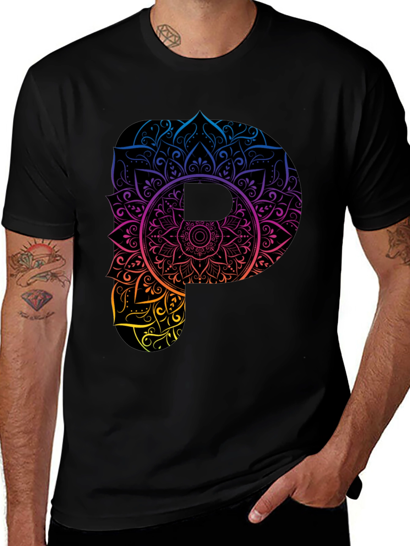 Variant 5 of Mandala 'P' Graphic Black T-Shirt