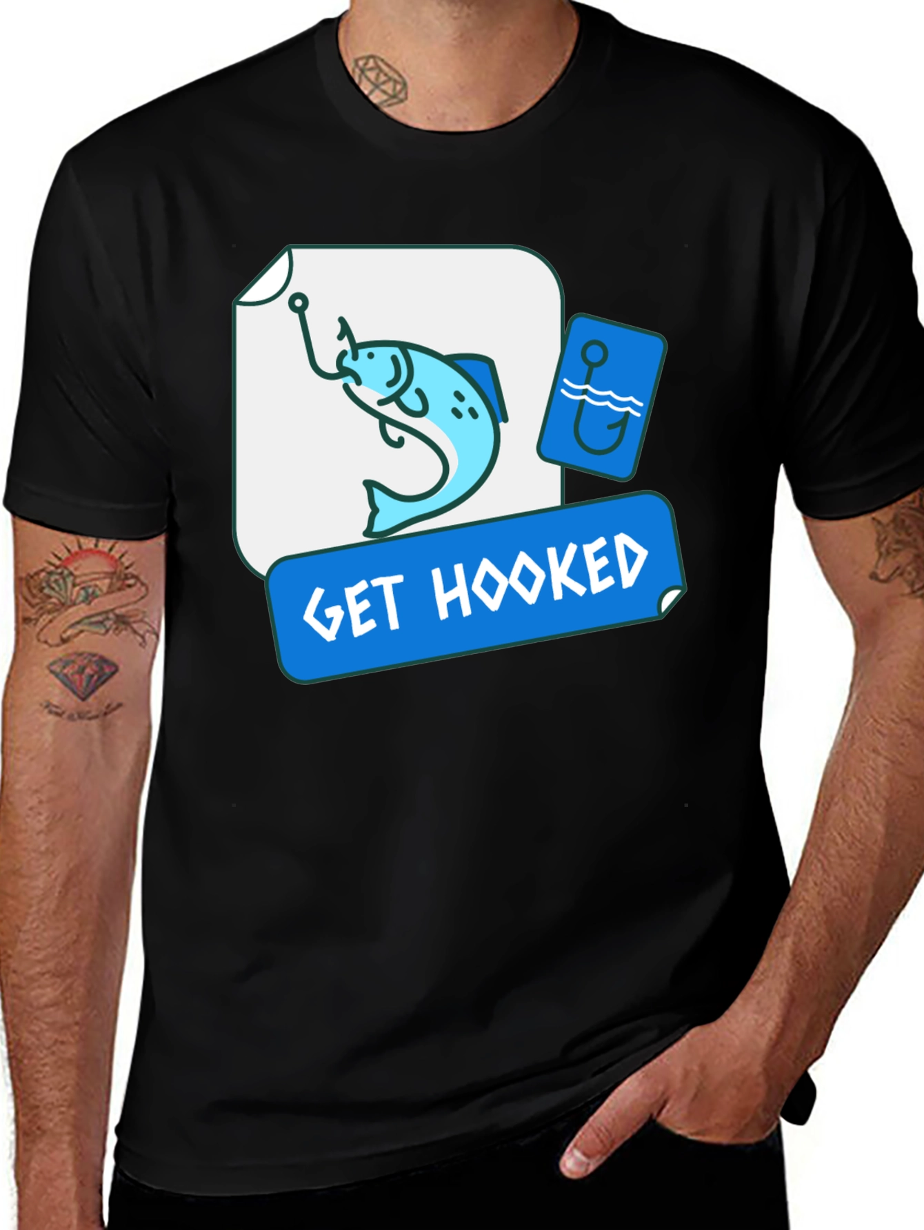 Variant 20 of Get Hooked Fishing T-Shirt - Black, Graphic Tee