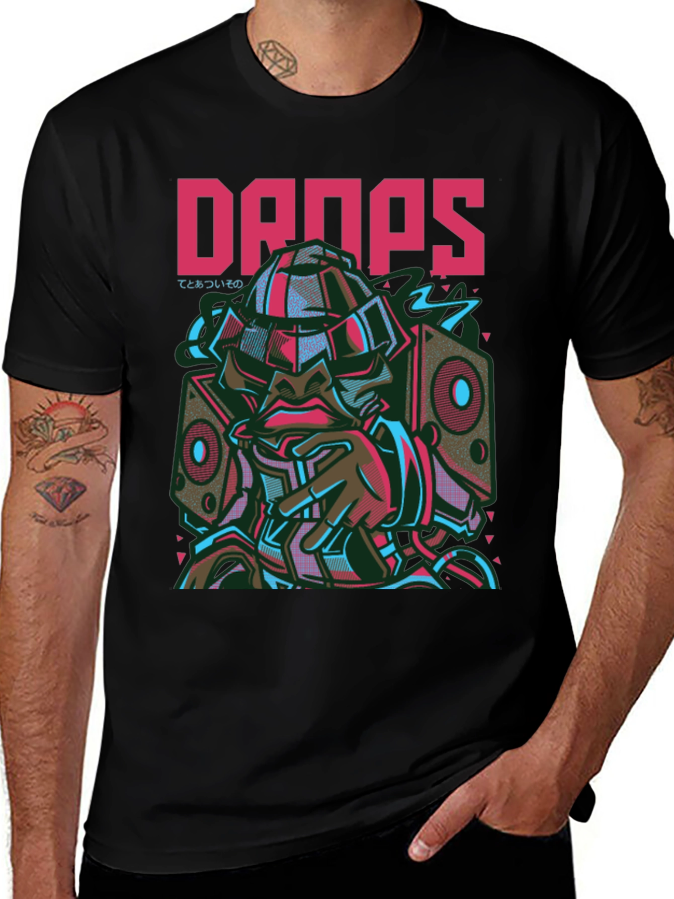 Drops Graphic Print Black Crew Neck T-Shirt