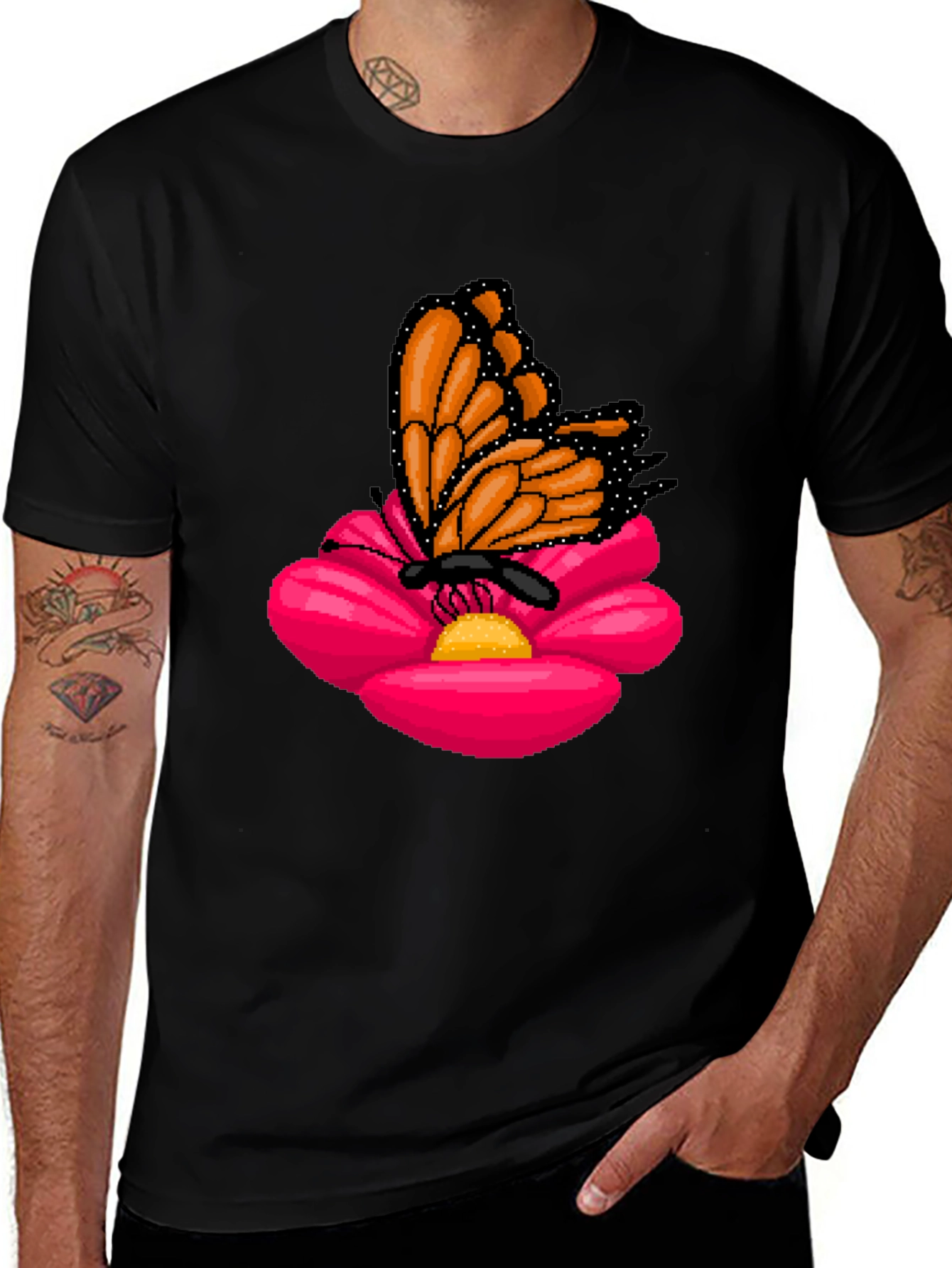 Variant 21 of Butterfly on Flower Graphic T-Shirt - Casual Black Tee