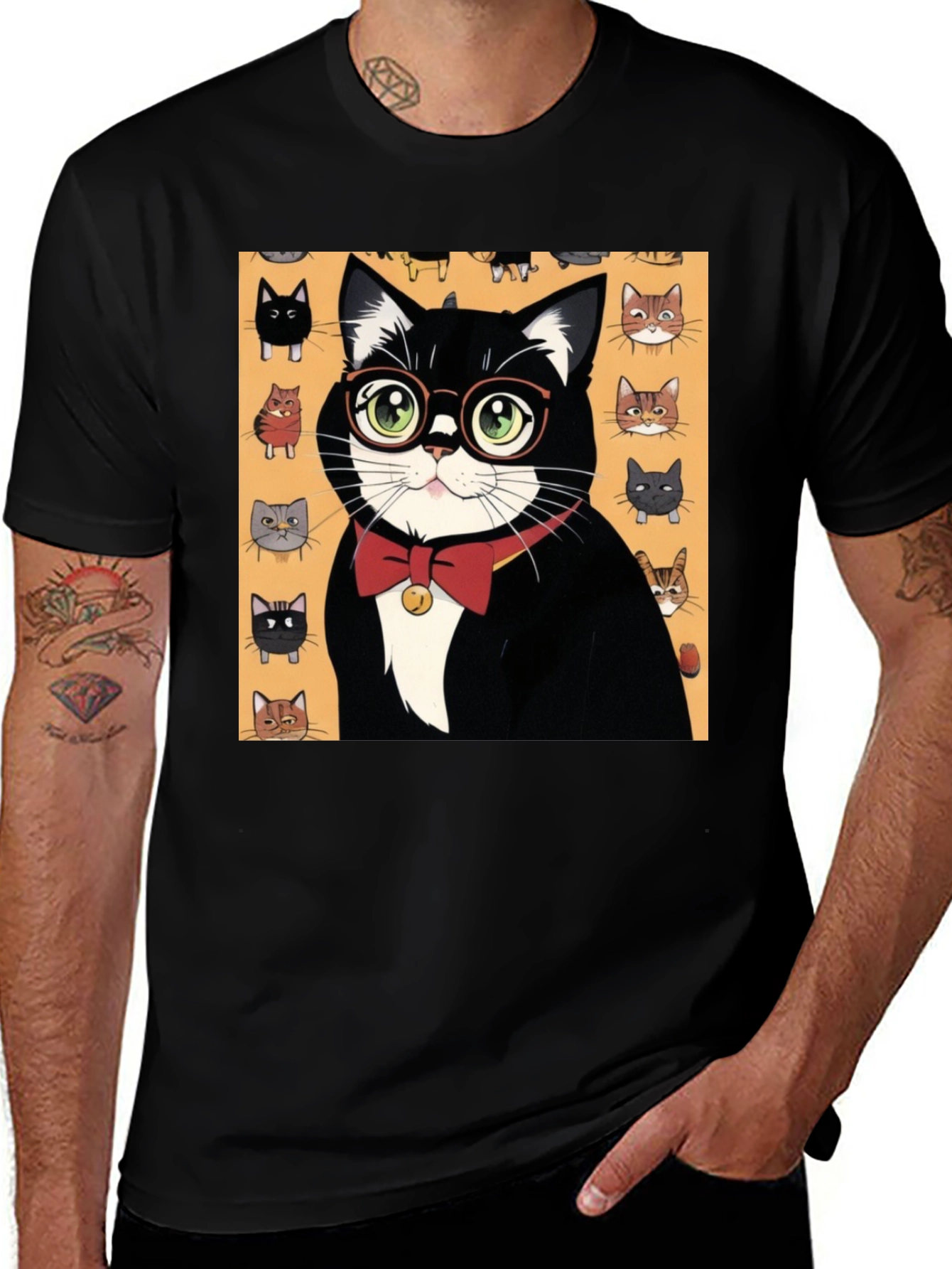 Variant 23 of Cool Cat T-Shirt - Black Tee with Whimsical Cat Print