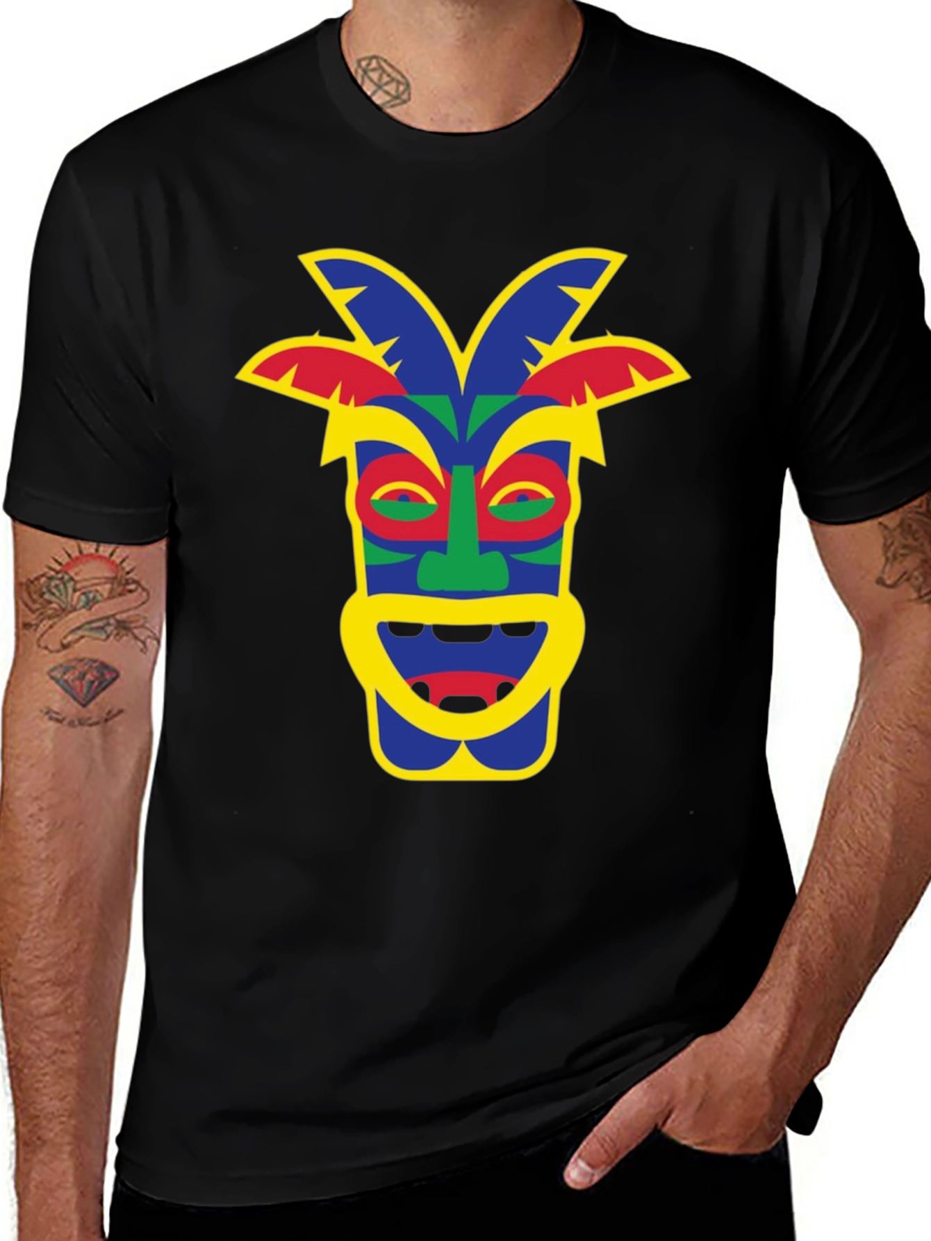 Tiki Mask Graphic Tee - Black Short Sleeve Shirt