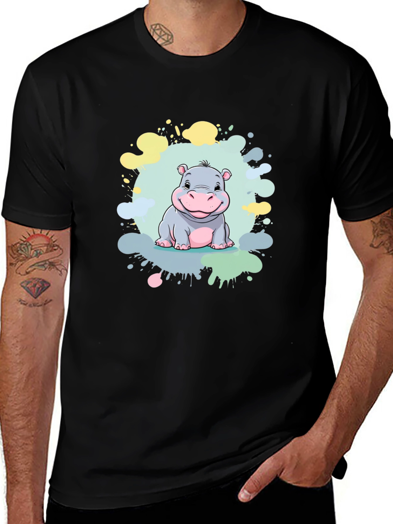 Variant 14 of Cute Hippo Graphic Print Black T-Shirt