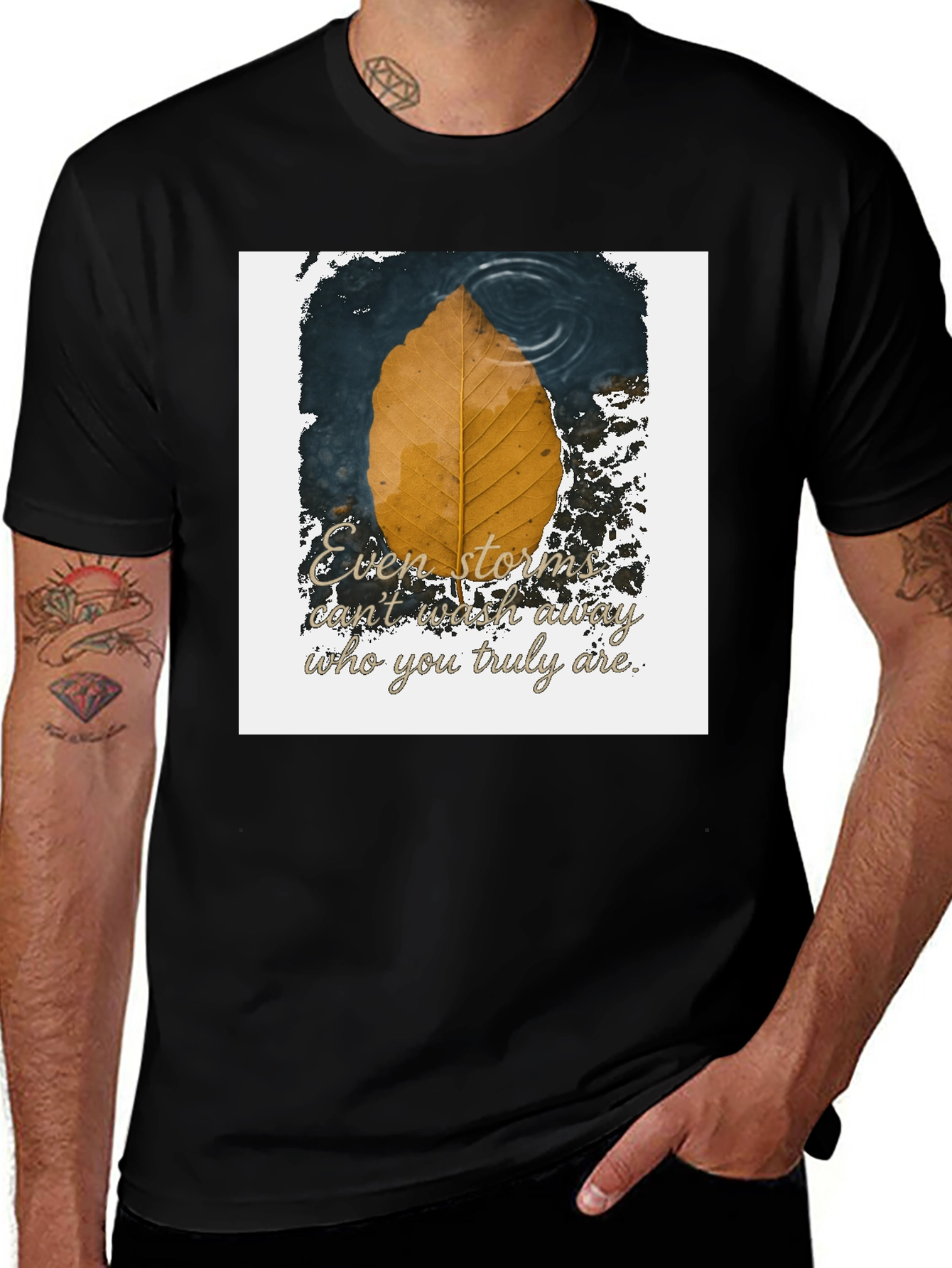 Variant 8 of Inspirational 'Even Storms' Leaf Design Black T-Shirt