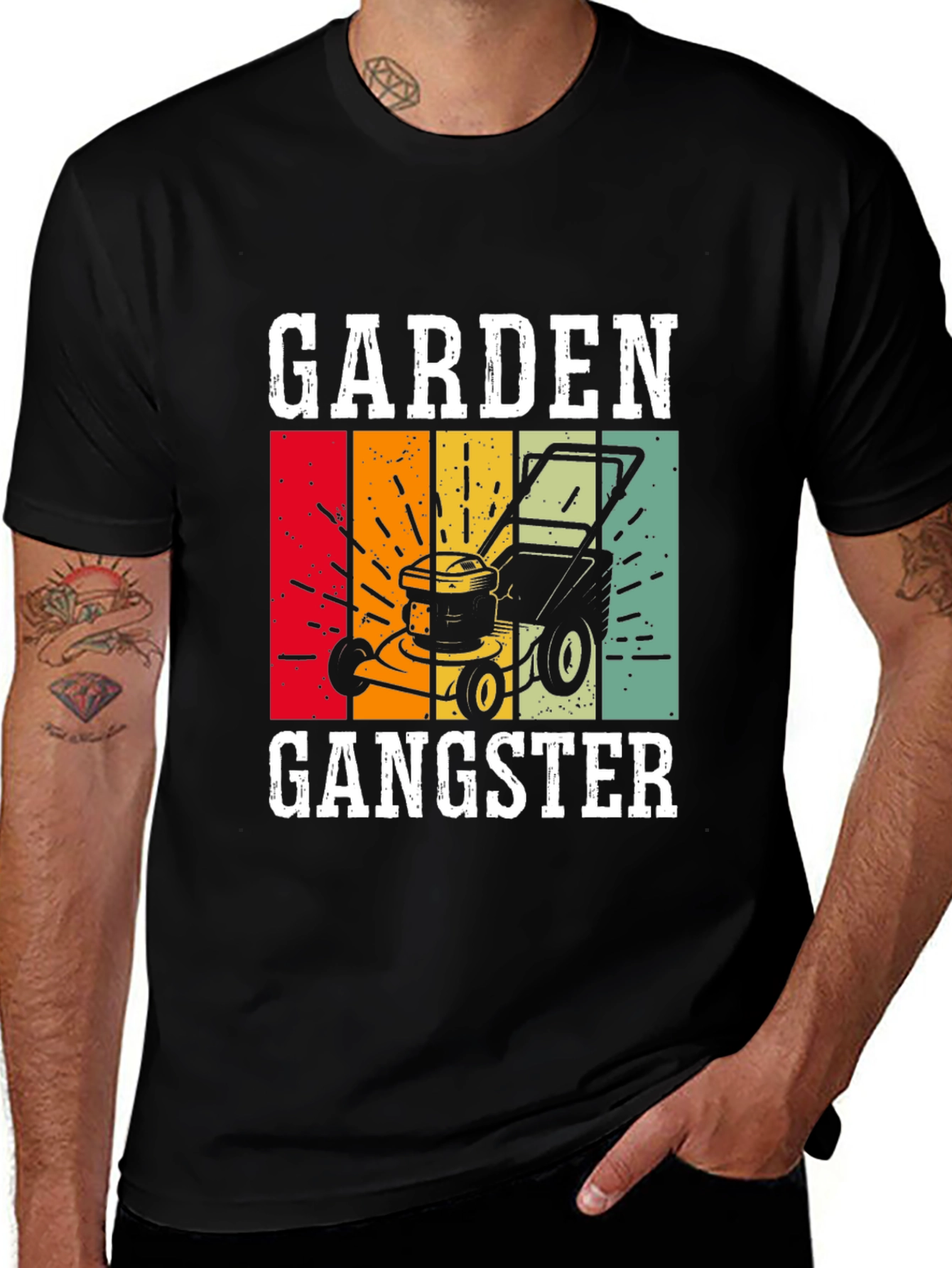 Black Garden Gangster Graphic T-Shirt - Retro Lawn Mower Design main image