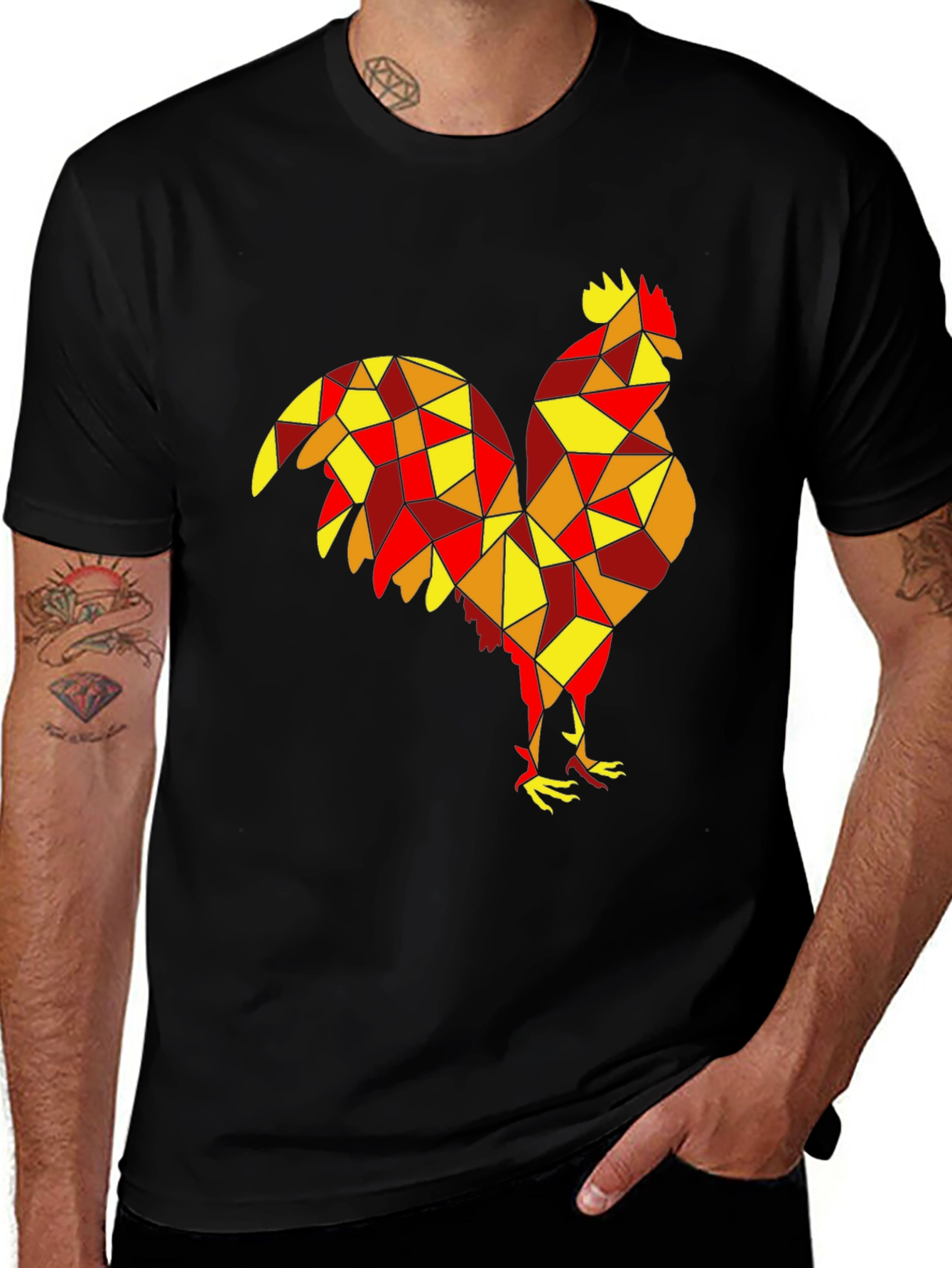 Variant 30 of Geometric Rooster Graphic Tee - Black Cotton Shirt