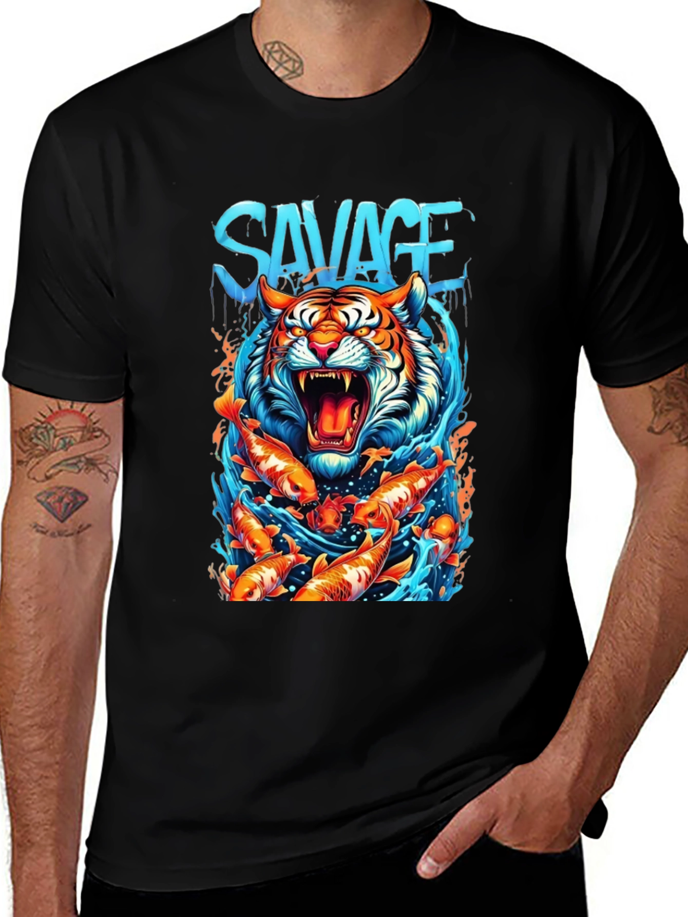 Variant 4 of Savage Tiger Koi Fish Graphic Tee - Men's Black T-Shirt