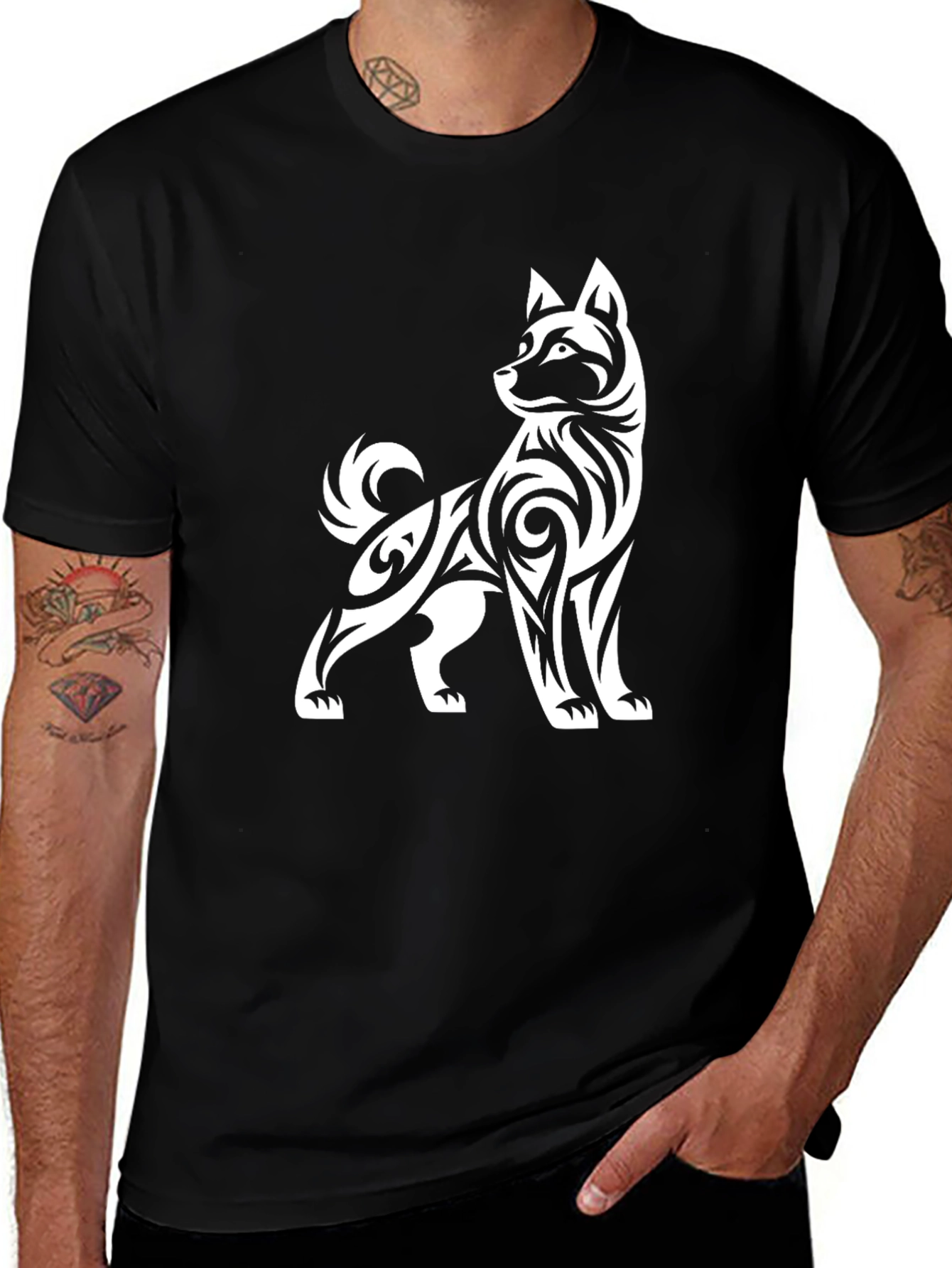 Variant 22 of Tribal Dog Graphic Tee - Black Cotton Blend
