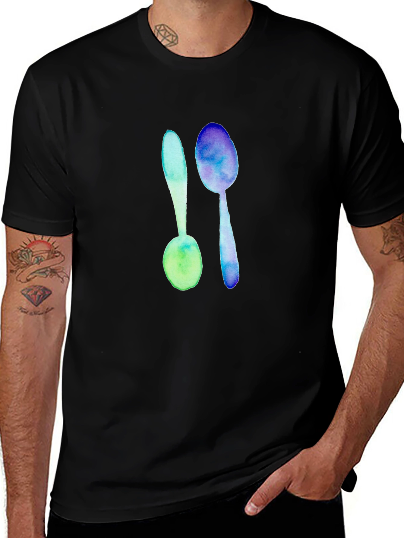 Watercolor Spoon Design Black T-Shirt