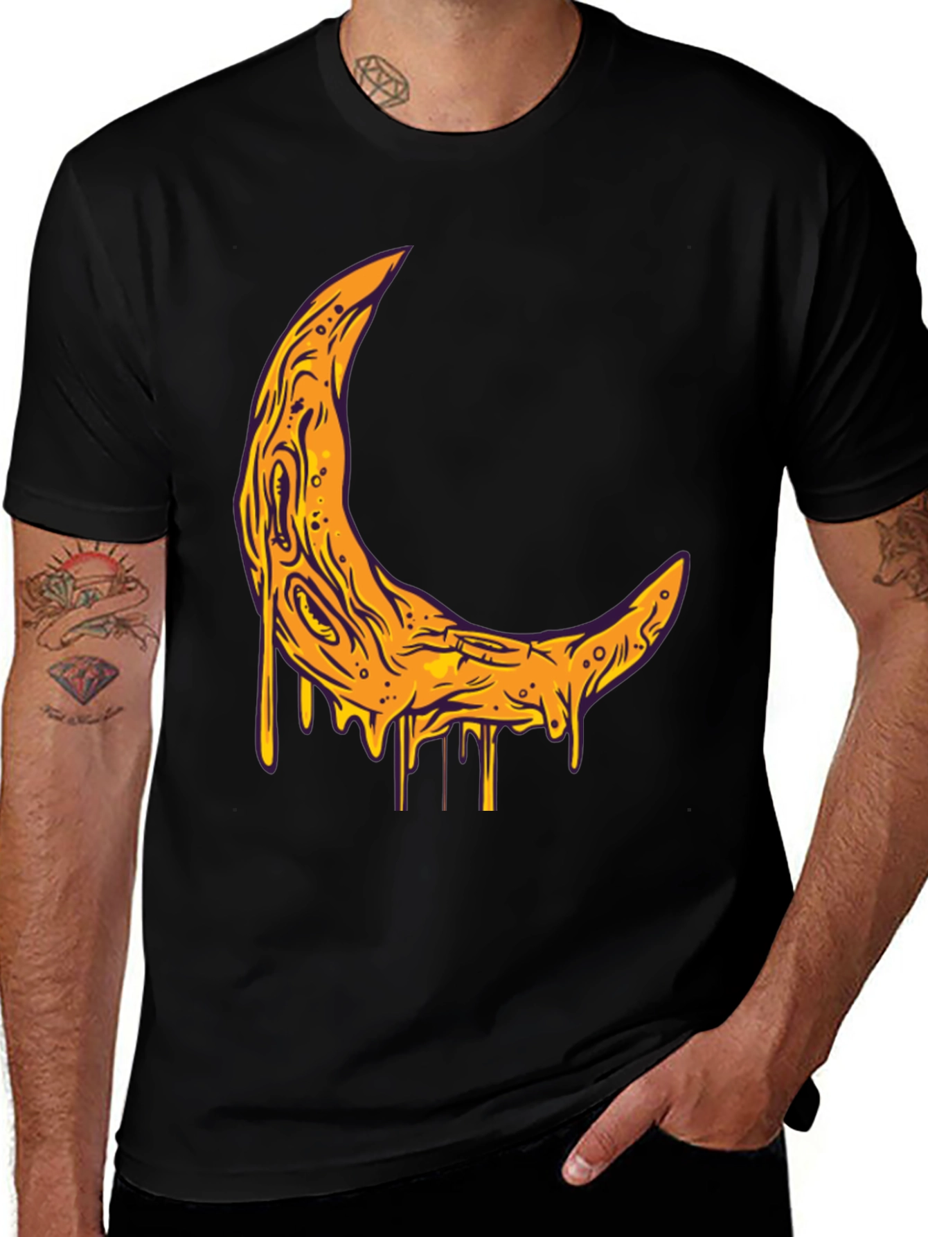 Variant 4 of Melting Crescent Moon Graphic Tee - Black Cotton T-Shirt